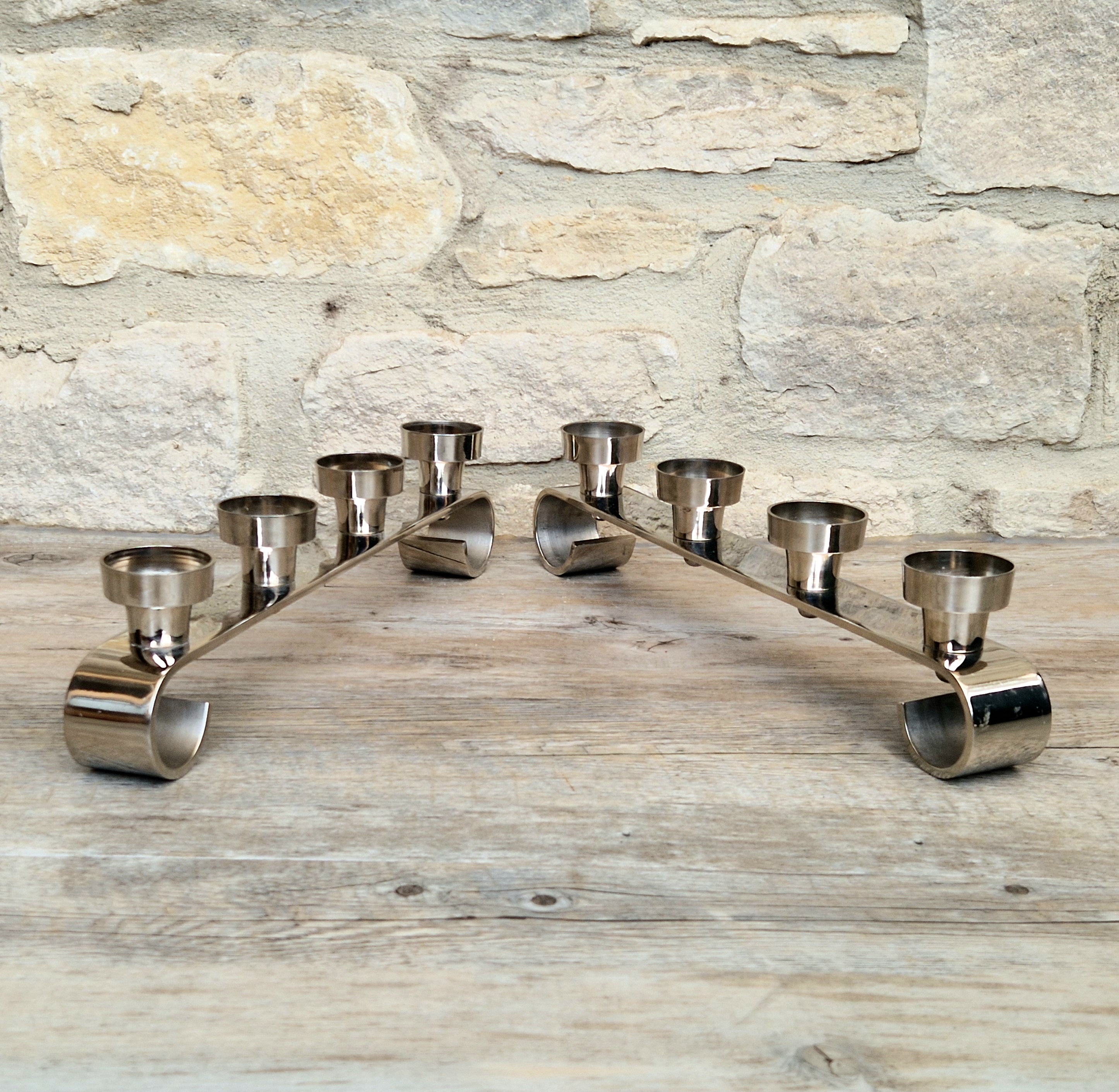Pair MCM Futurist Chromed Stainless Steel Candle Holders Multi Candelabra Tealight Holders