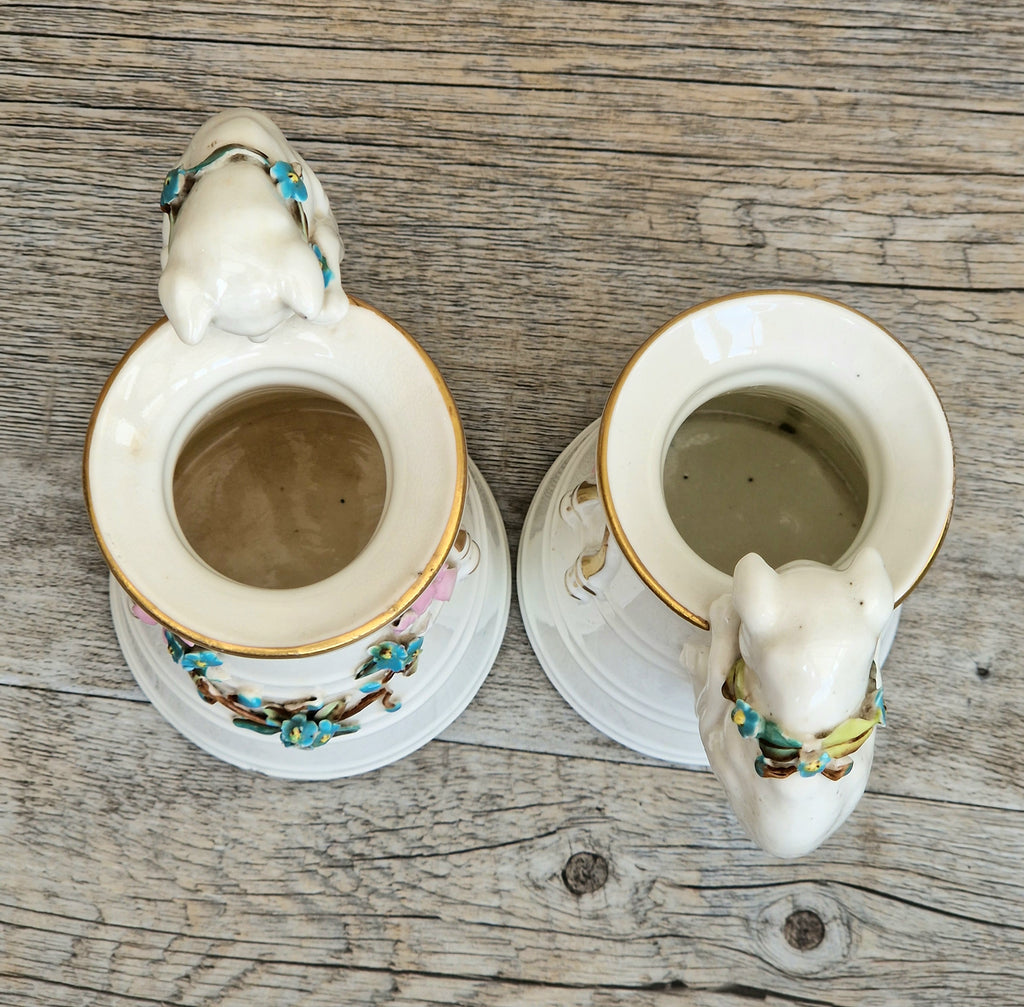 Antique Copeland Porcelain Cat Cream Churn Vases Pair Floral Applied Flowers Gilt 19th Century