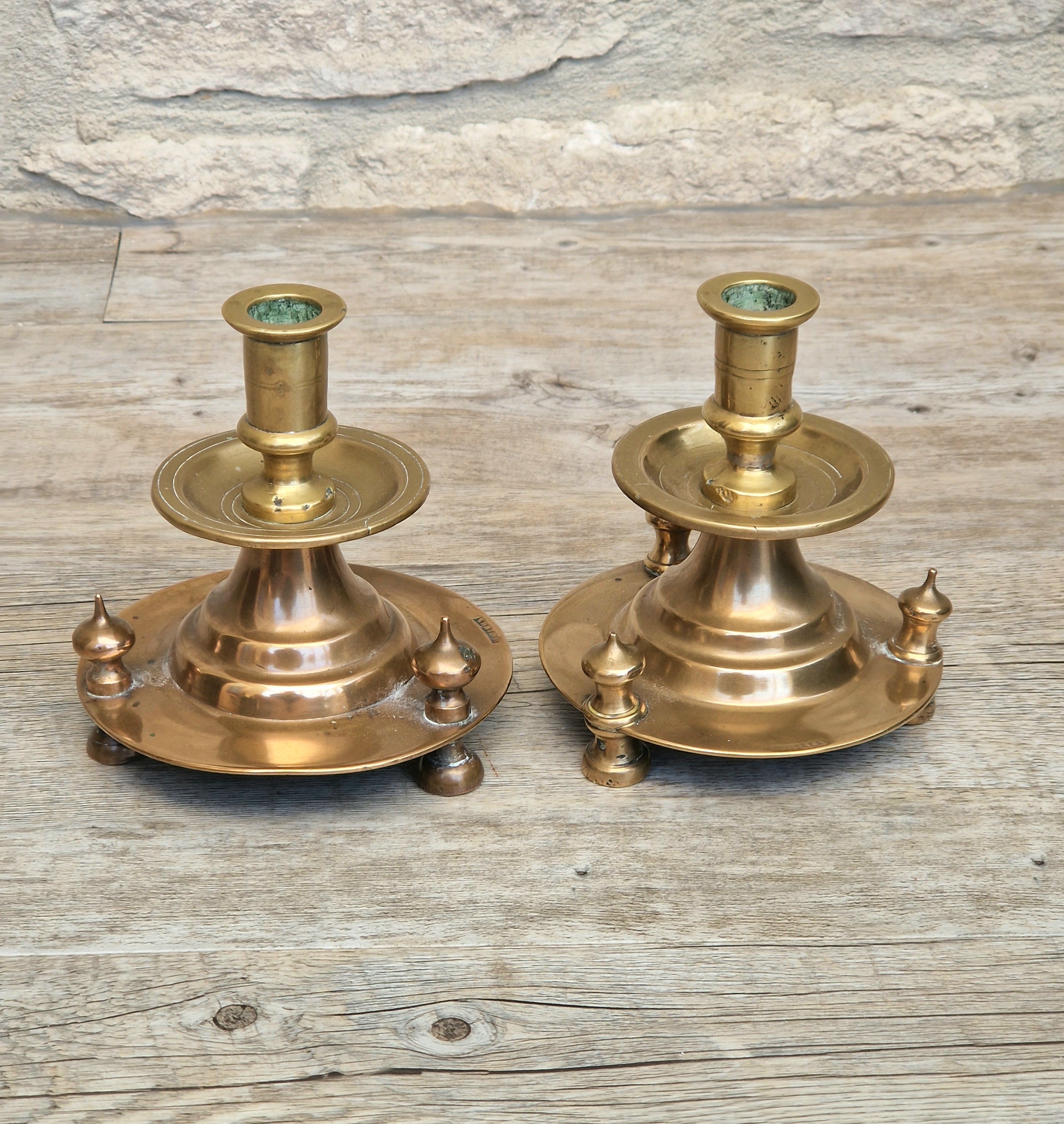 Pair of 19th Century Judin Signed Czarist Era Russian Bronzed Sabbath Bun Footed Capstan Candle Holders.