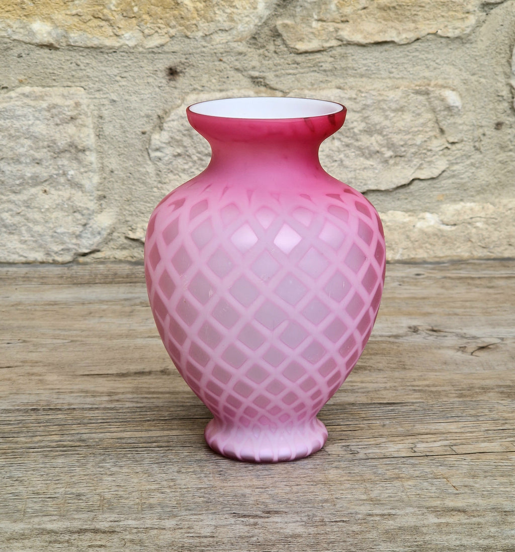 Antique Pink Satin Glass Vase - Victorian Diamond Quilted Mother of Pearl Art Glass - 19th Century Shaded Cranberry Cabinet Vase, Webb Style