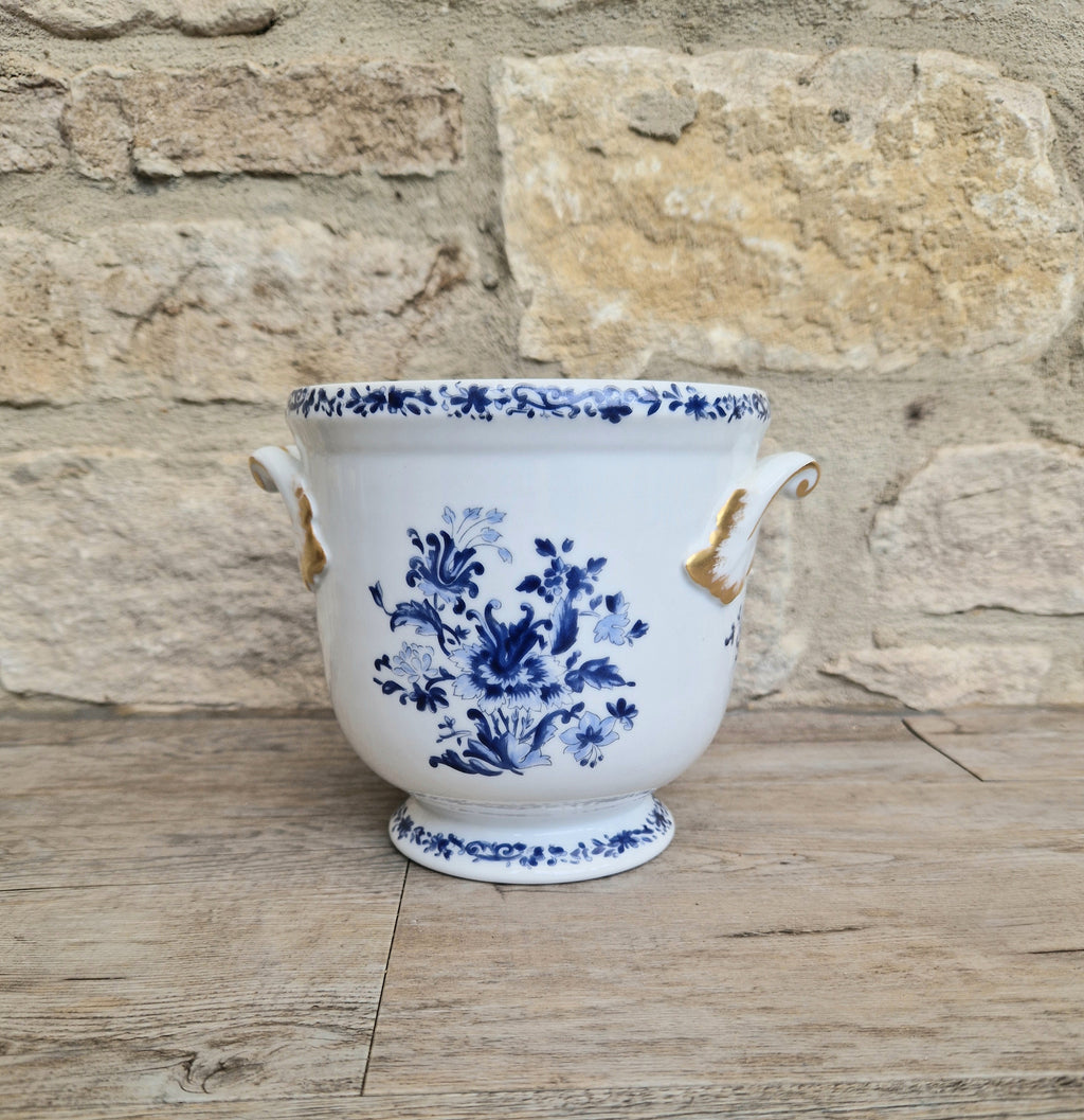 Vintage Vista Alegre Portugal Porcelain Plant Pot Round Planter / Jardinere, Blue & White