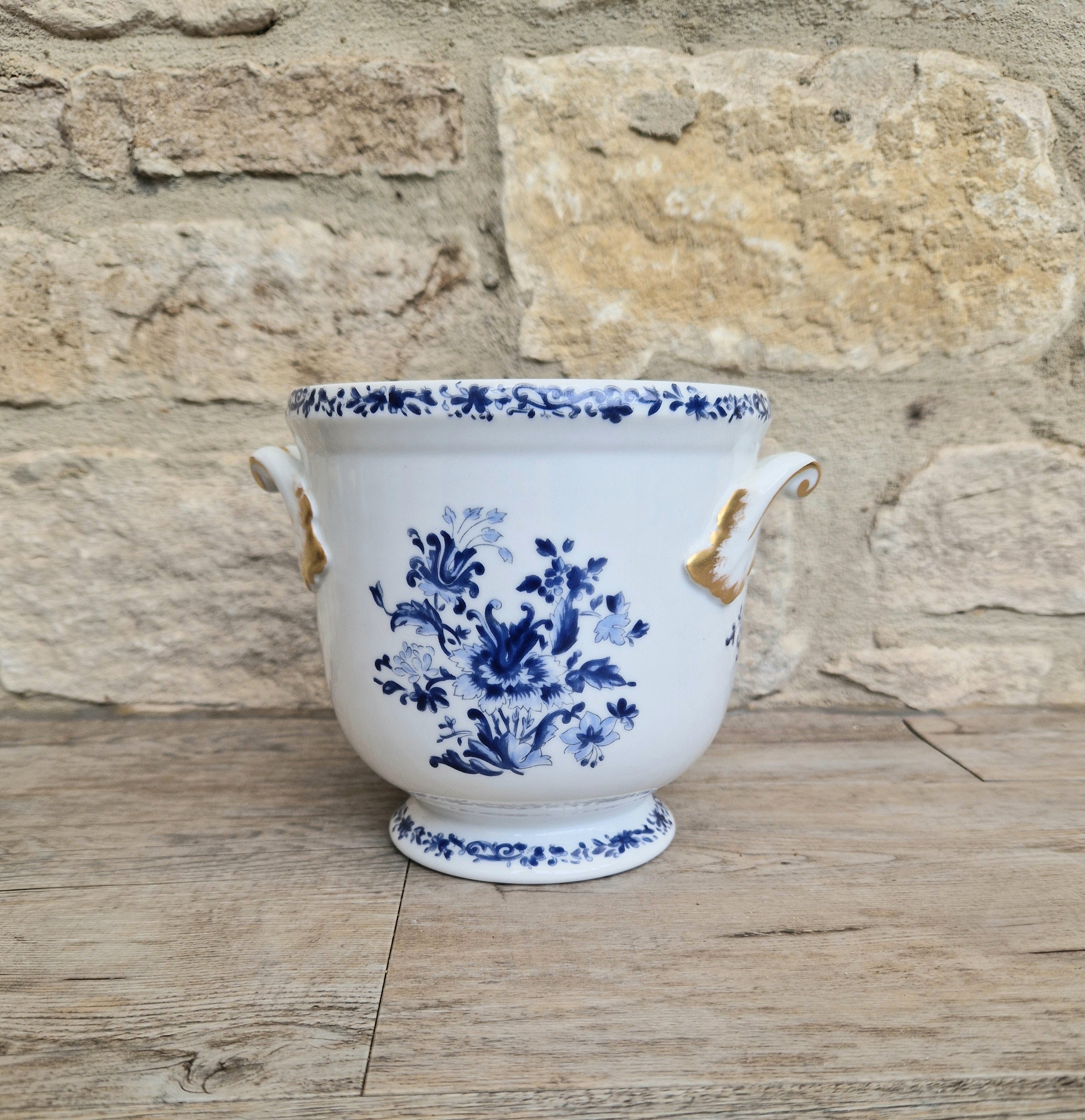 Vintage Vista Alegre Portugal Porcelain Plant Pot Round Planter / Jardinere, Blue & White