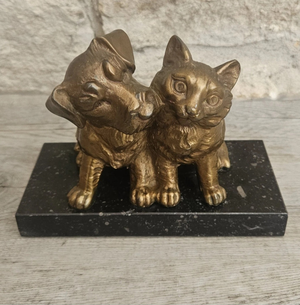 Antique Art Deco Spelter Cat and Dog Figurine on Black Marble Base 16cm X 8cm