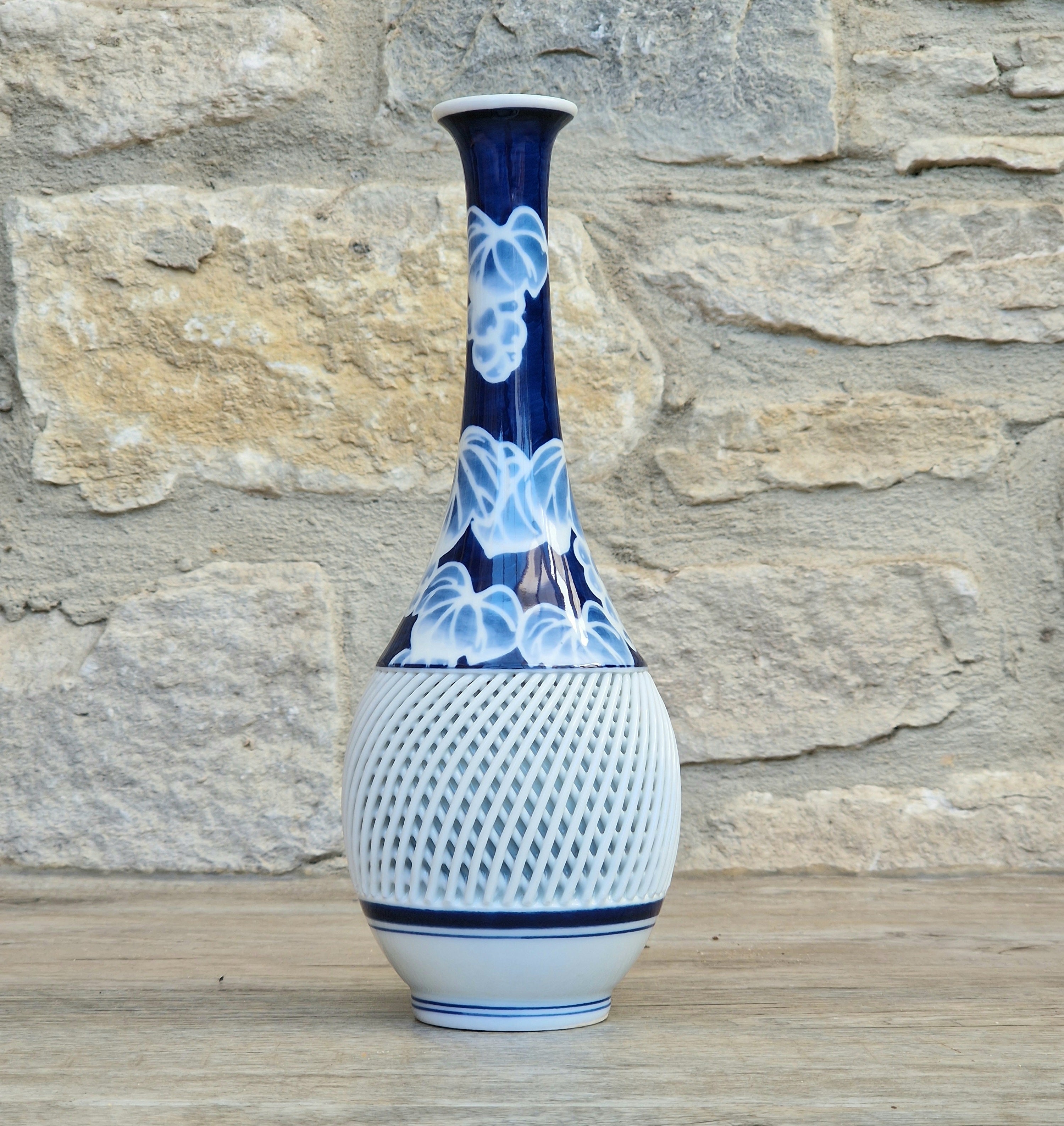 Japanese Arita Hasami Porcelain Vase Reticulated Open Lattice Cobalt Blue & White 24cm