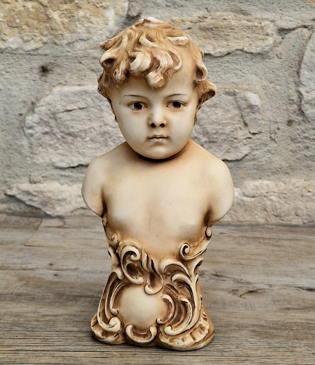 Antique NeoClassical Continental Patinated Bisque Porcelain Putti Boy Bust Figure Ornament