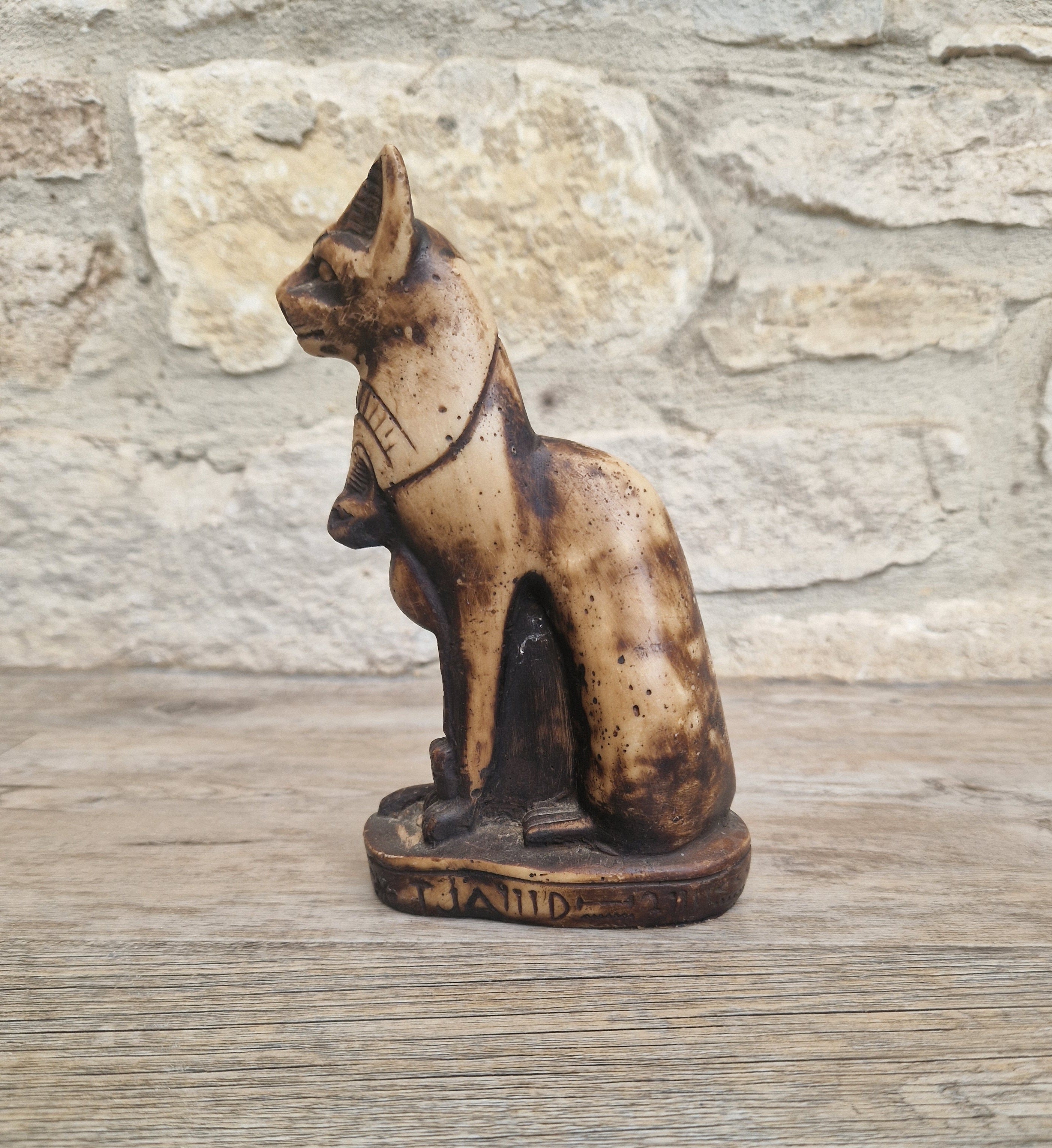 Vintage Hand Carved Stone Bastet Cat Figurine - Egyptian Goddess Ornament