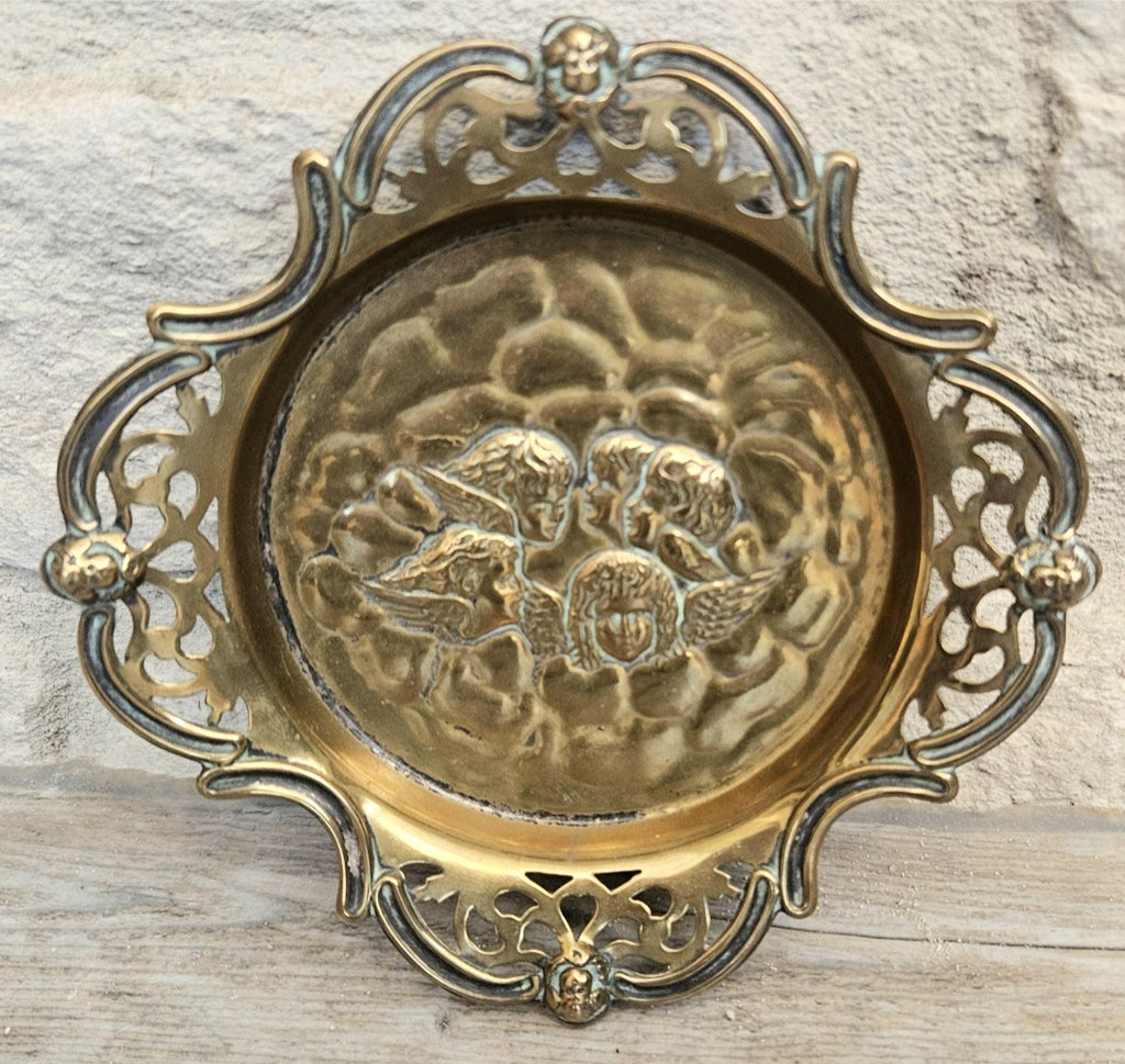 Antique Repoussé Brass Card Tray or Pin Dish "A Child's Angels" (Reynolds Angels) motif 14cm