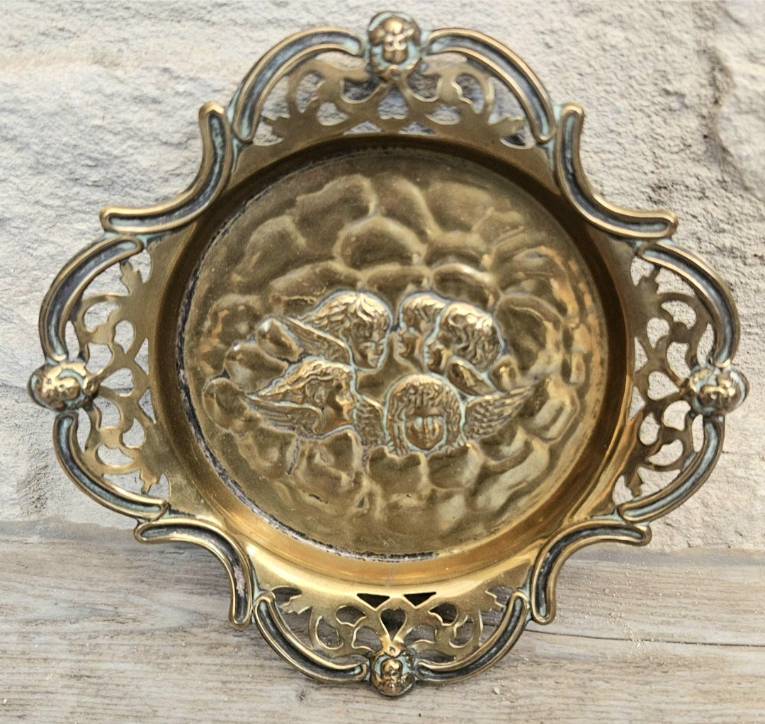 Antique Repoussé Brass Card Tray or Pin Dish "A Child's Angels" (Reynolds Angels) motif 14cm