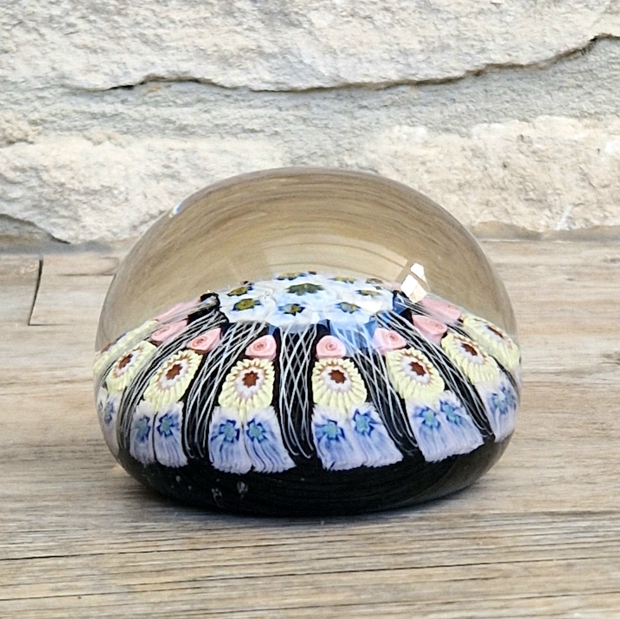 Strathearn Art Glass Paperweight 11 Spoke Millefiori with Filligree on Purple Ground Vintage