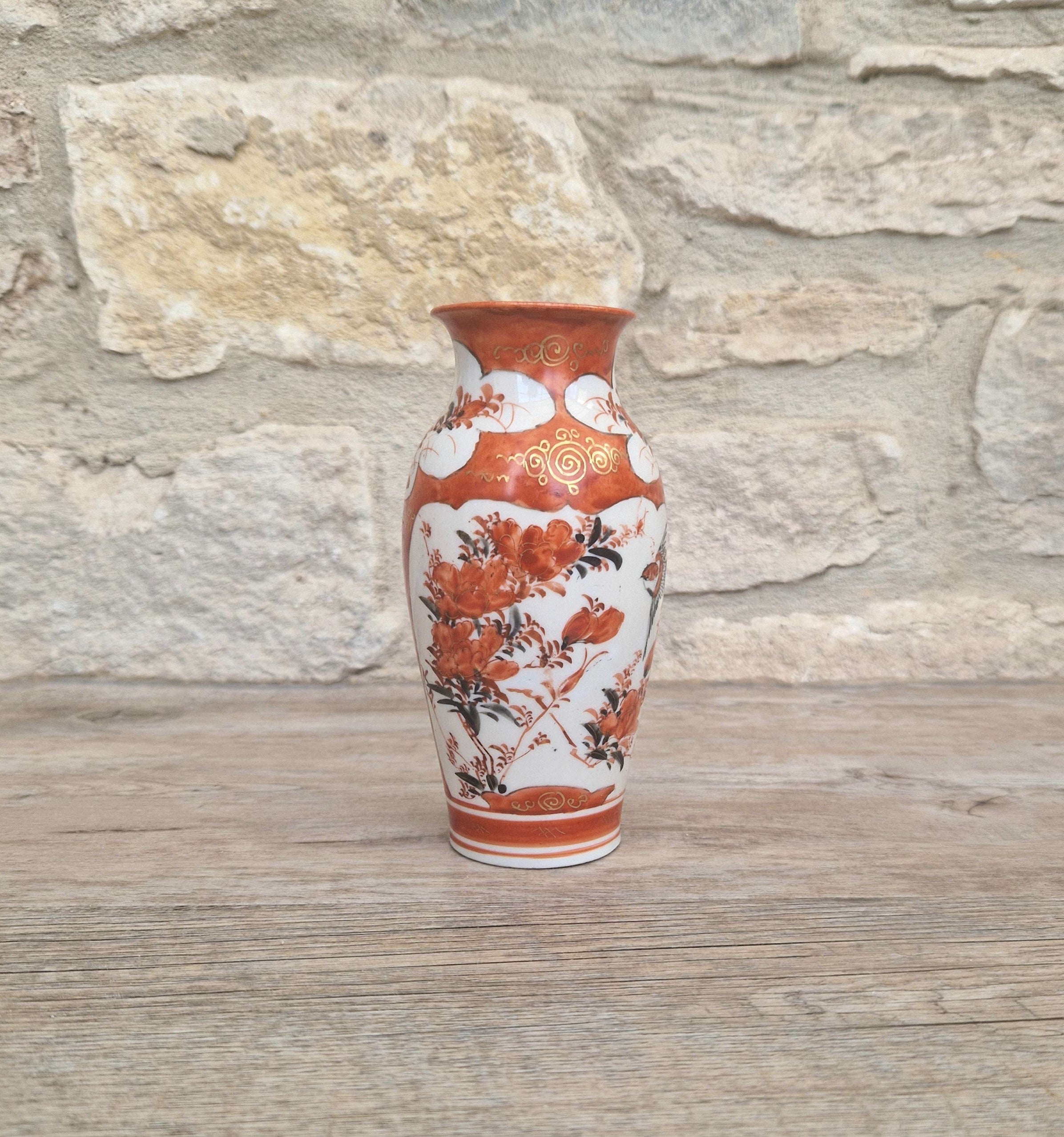 Small Antique Meiji Red Ground Gold Floral Hand-Painted Kutani Vase