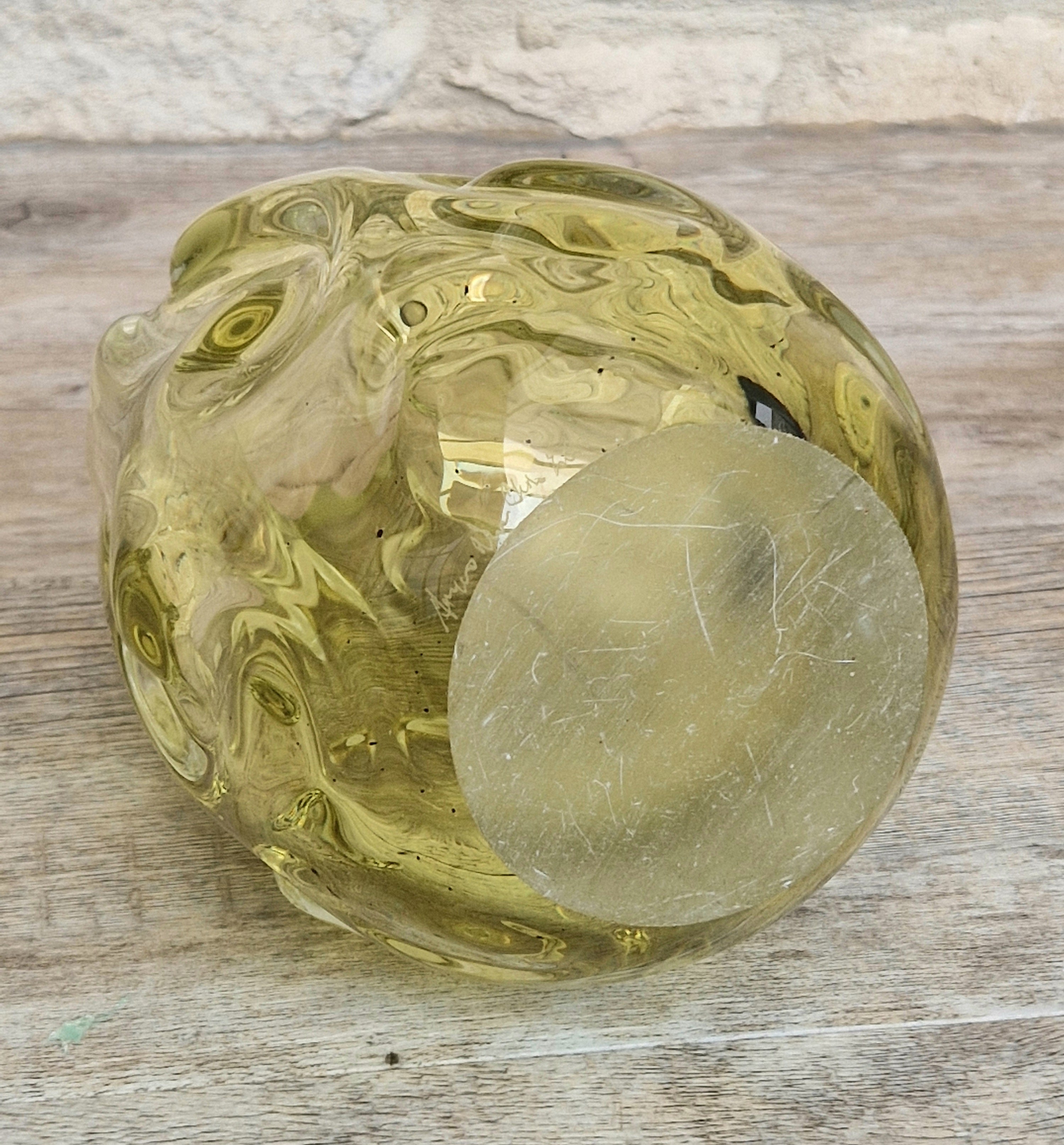 Murano Burri Glass Asymetrical Vase Light Olive Green Heavy Textured Vintage