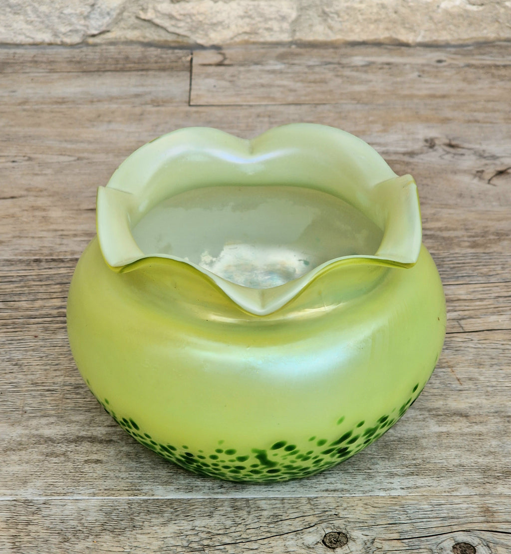 Antique Late 19th Century Bohemian Art Glass Vase, Loetz-Heckert Tradition, Iridescent Yellow Green, Rare Cabinet Vase