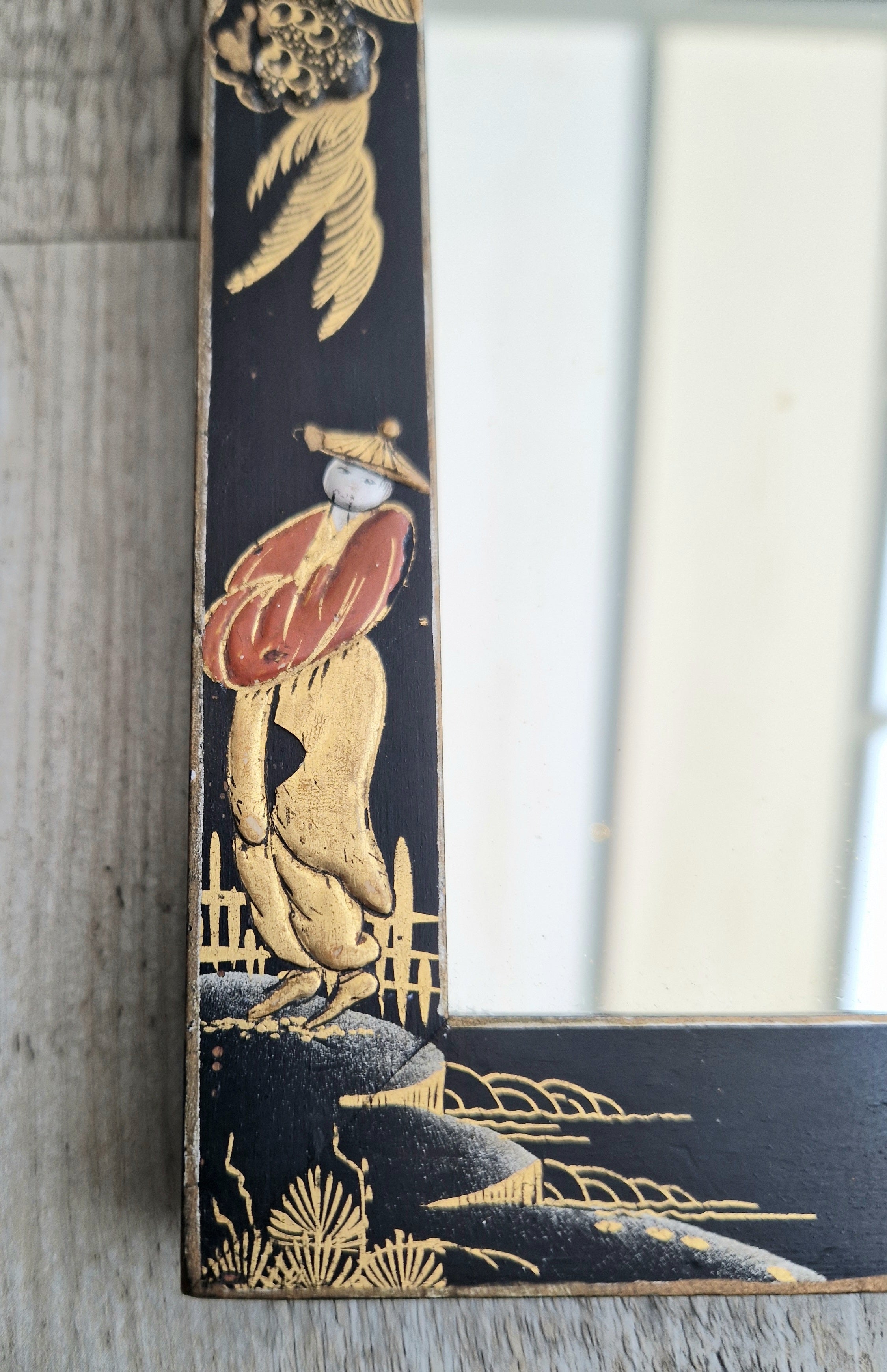 Antique Edwardian Chinoserie Black & Gilt Japanned Rectangular Wall Mirror