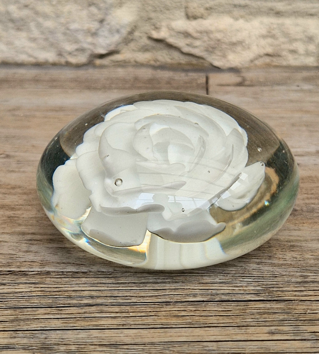 Vintage White Rose Lenticular Glass Paperweight