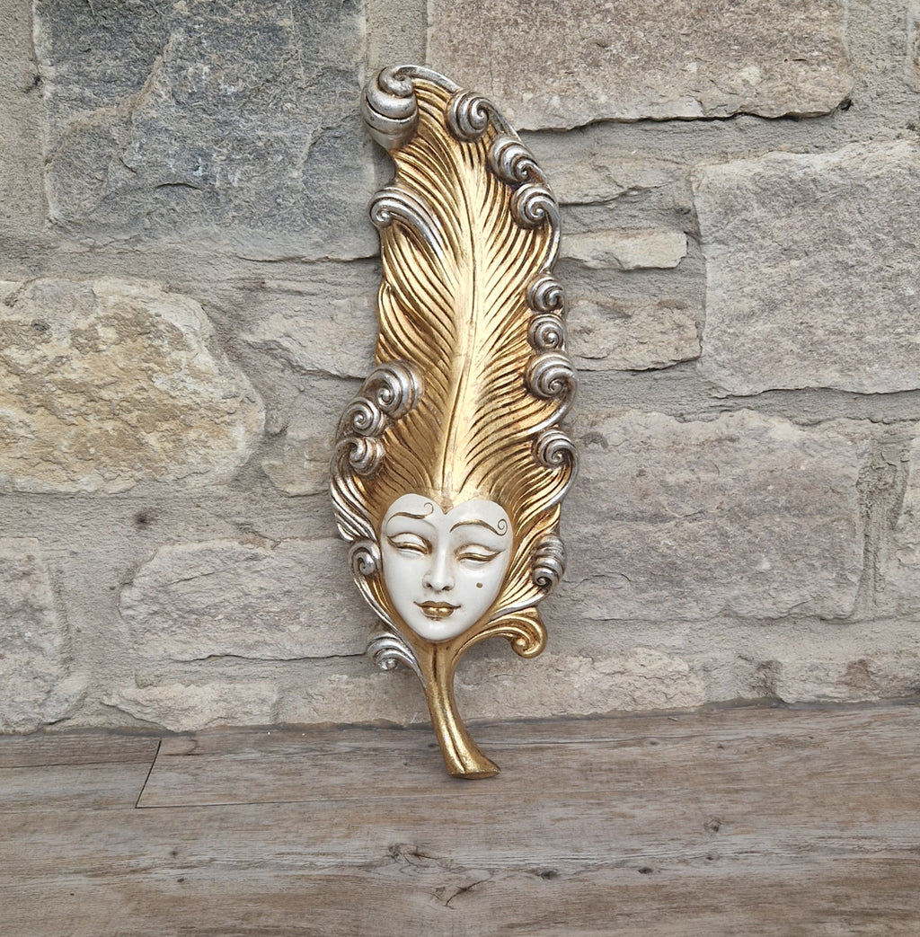 Vintage Venetian Wall Mask Feather Leaf Ceramic Gold Silver Made Italy 38cm Long
