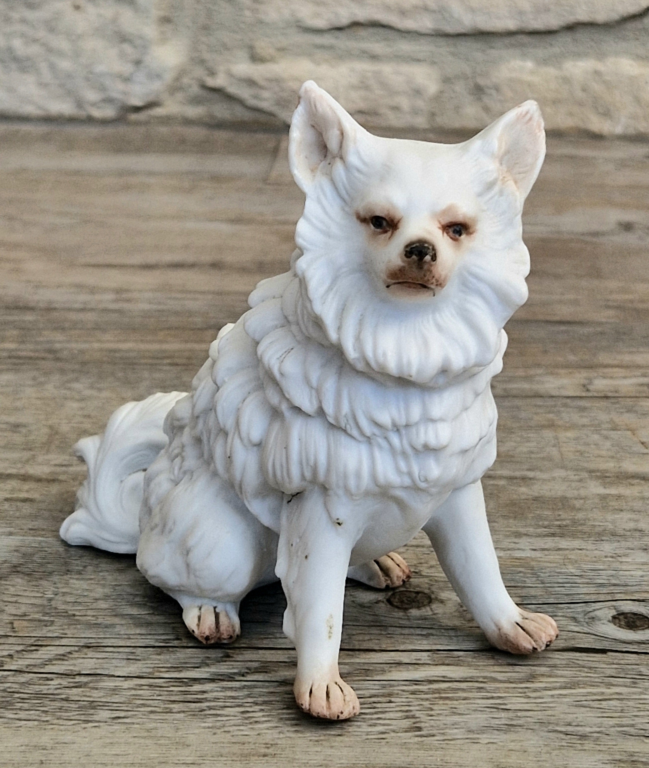 Antique Heubach Bisque Sitting Spitz Dog: German Figure, Circa 1864-1880
