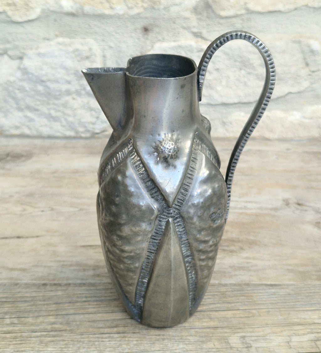 Antique French Art Deco Pewter Pitcher by Alice and Eugene Chanal Hand Hammered Jug Signed