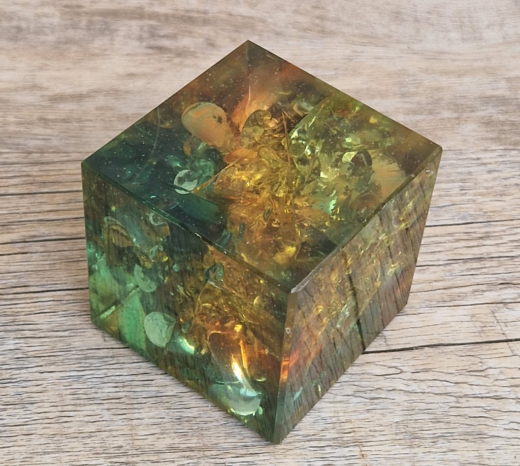 Vintage 1960s Shattaline Resin Cube Paperweight Amber Green Fractured Ice Mid Century Desk Ornament