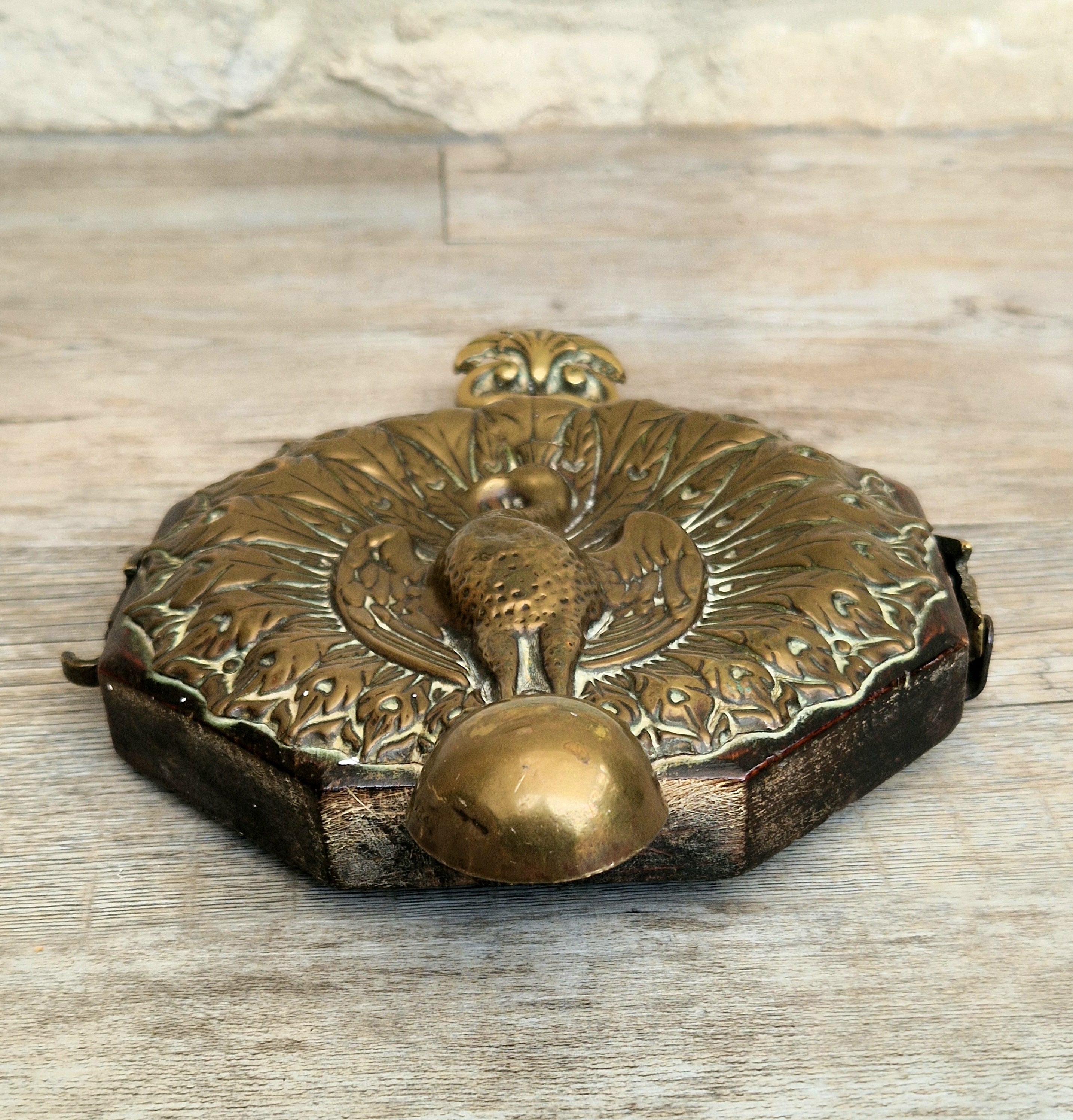 Fine Rare Antique Repousse Brass Peacock Finial English Aesthetic Movement Fumed Oak Decorative Plaque