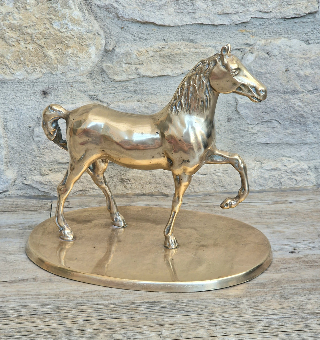 Vintage Solid Brass Horse Statue 22cm Large Heavy Equestrian Trotting Figurine On Base 1.9kg