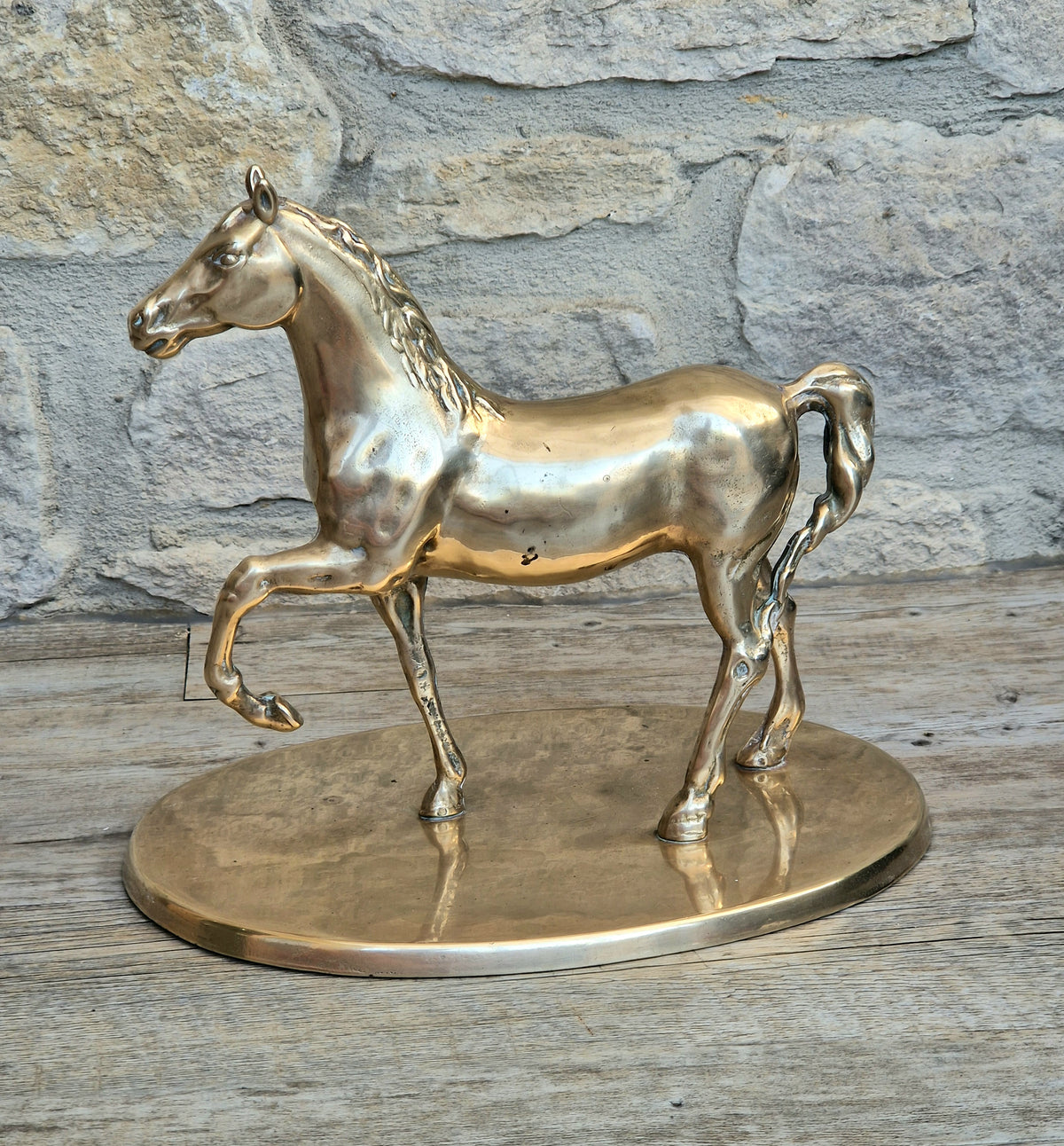 Vintage Solid Brass Horse Statue 22cm Large Heavy Equestrian Trotting Figurine On Base 1.9kg