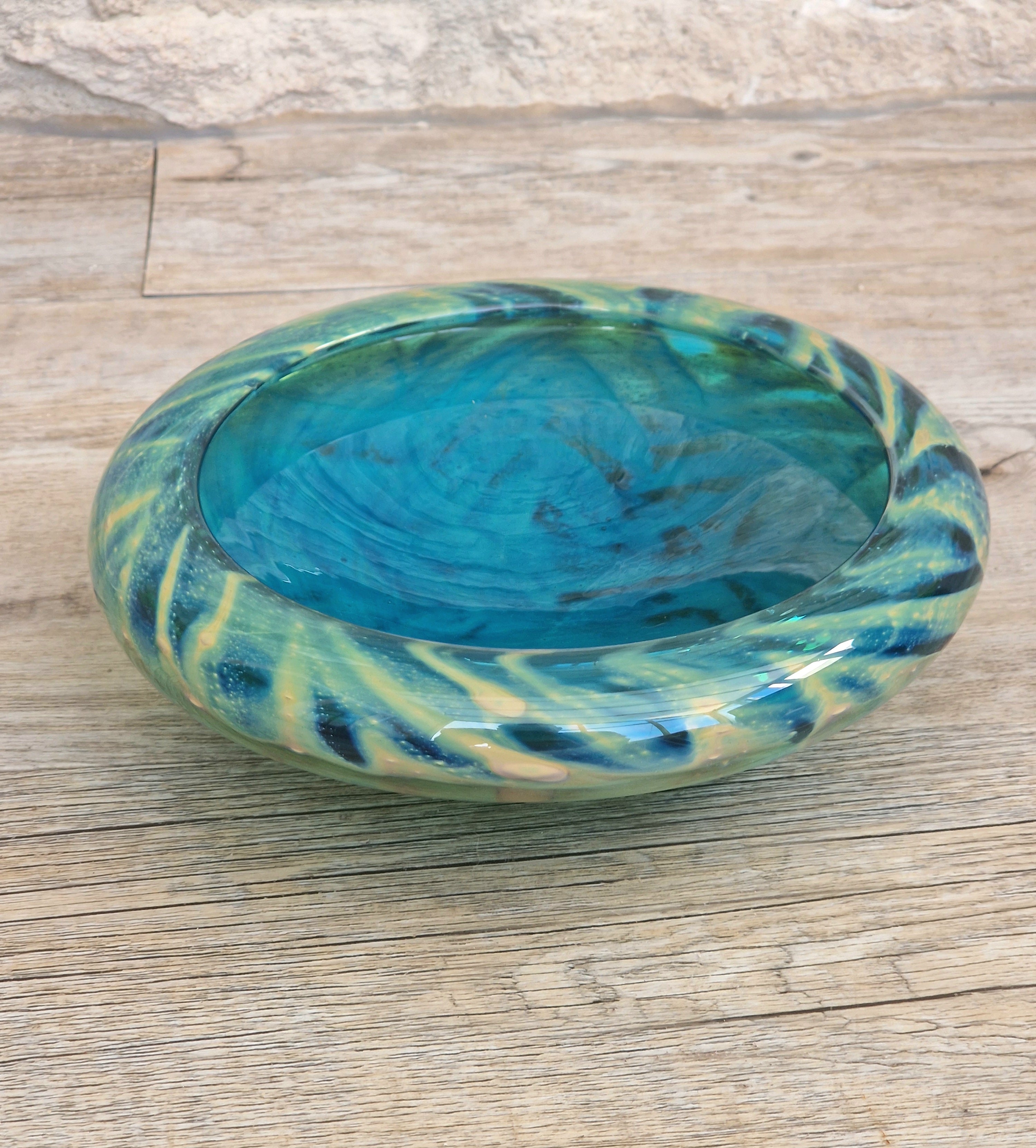 Mdina Glass Green Whirlpool Bowl Vintage 1970s Michael Harris Art Glass Malta