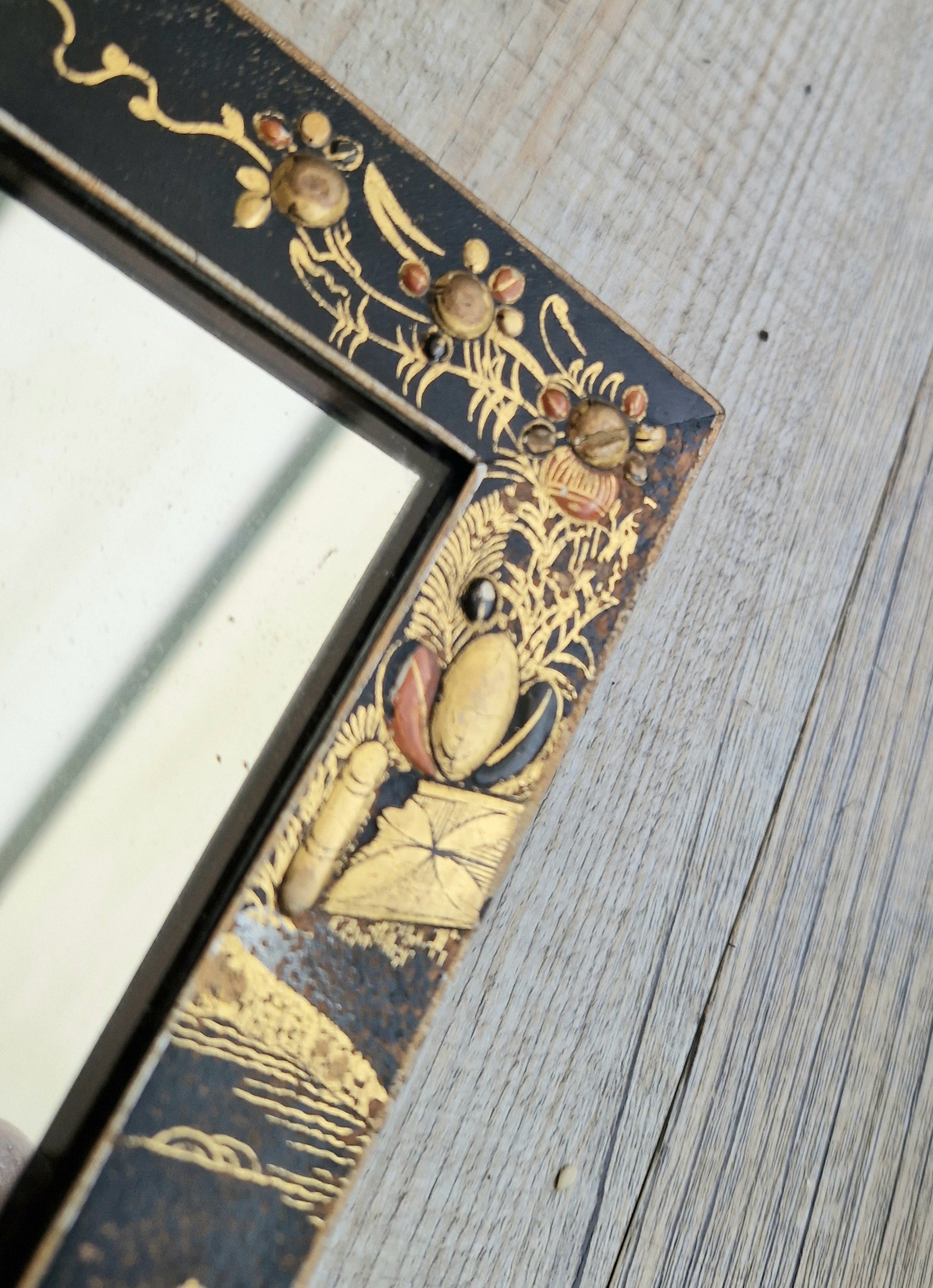 Antique Edwardian Chinoserie Black & Gilt Japanned Rectangular Wall Mirror