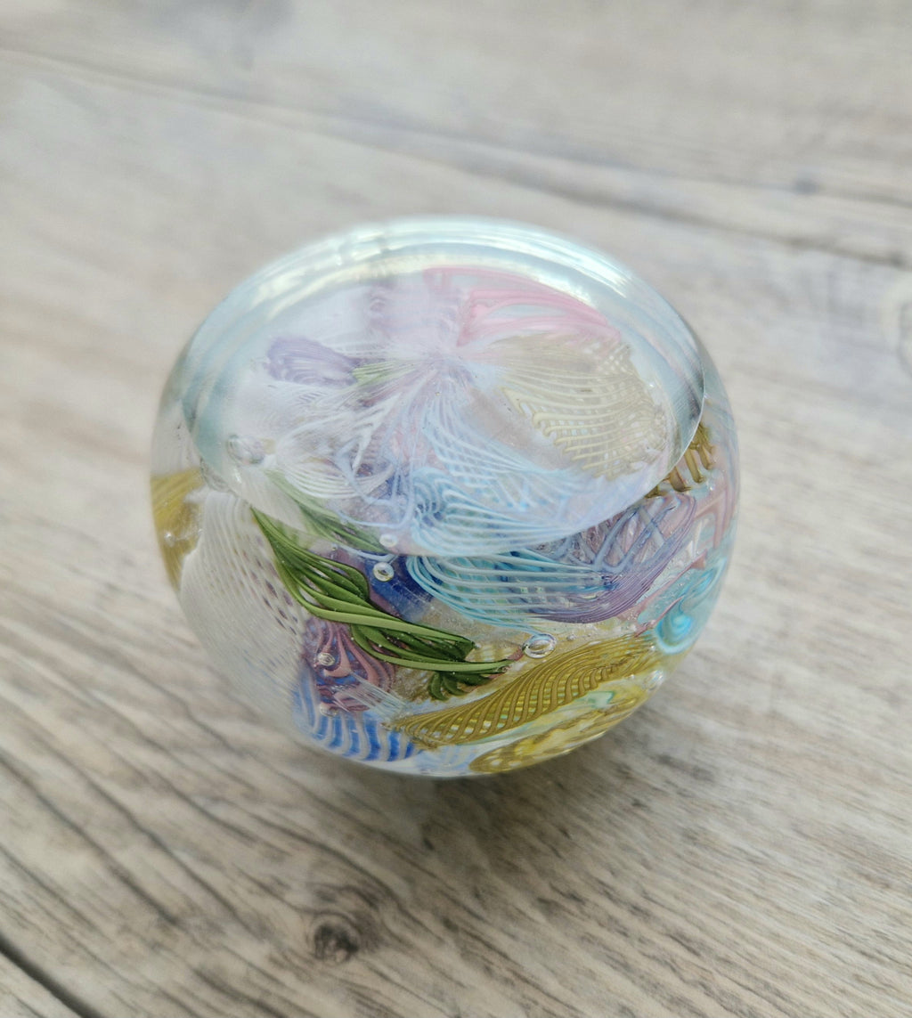 Vintage Murano Art Glass Paperweight with Scrambled Latticino & Zanfirico Canes