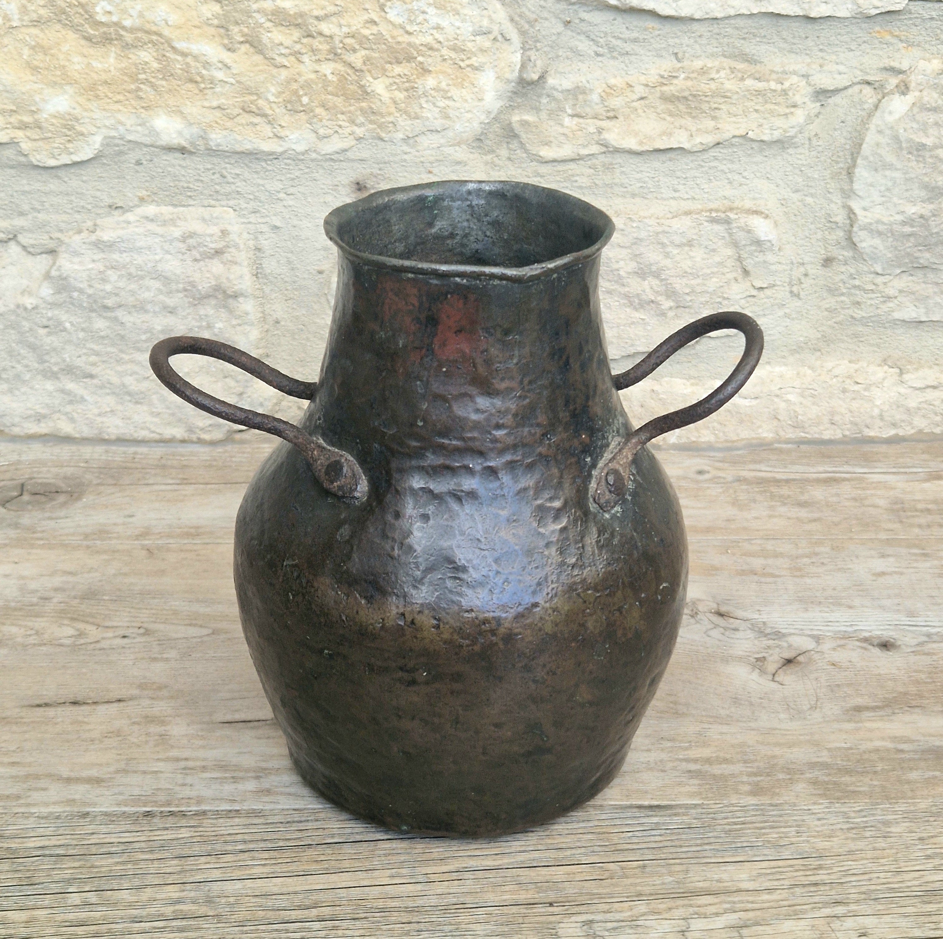 18th Century Hammered Bronze Cauldron Pot Wrought Iron Handles Historic Repair Antique Kitchenalia Vessel