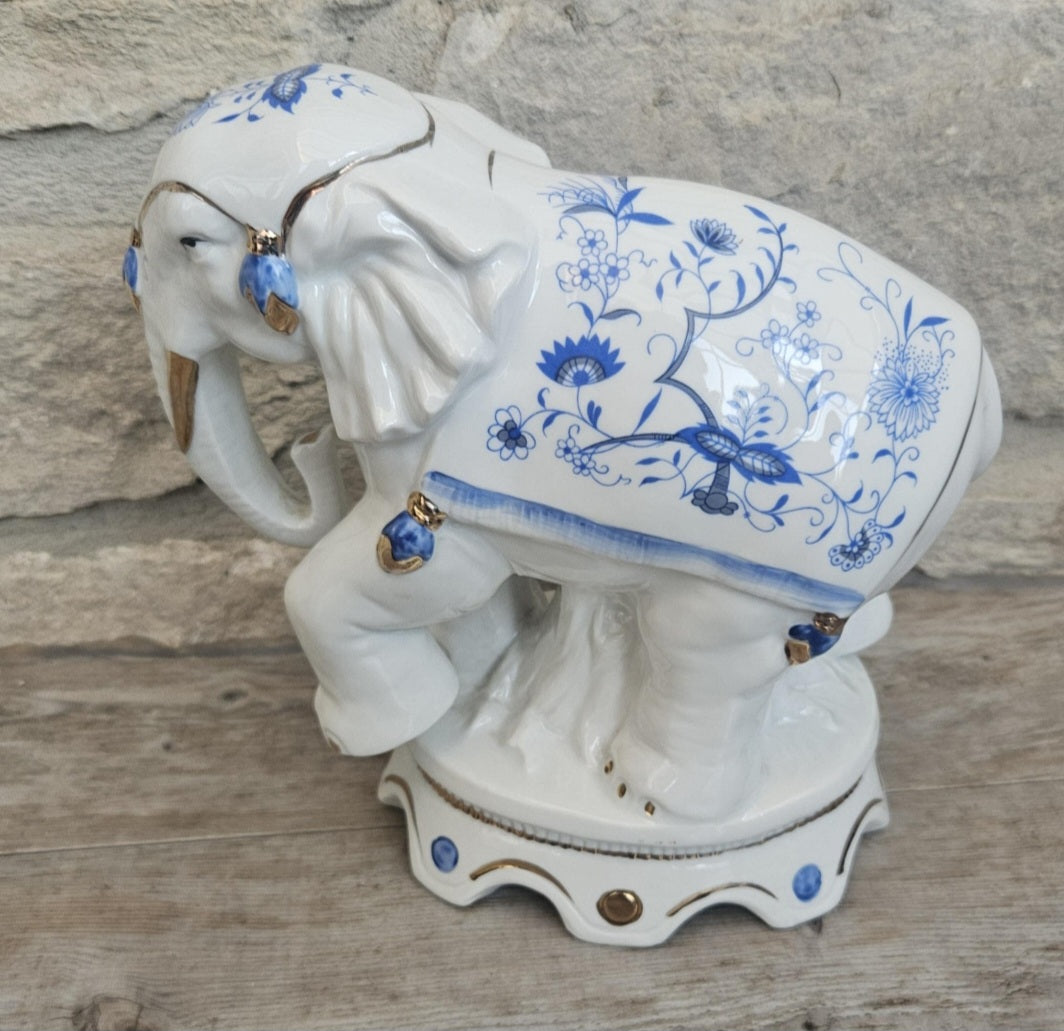 Vintage Elephant Figurine Porcelain Gold Accents Blue & White Floral Pattern Ceramic 7" Tall