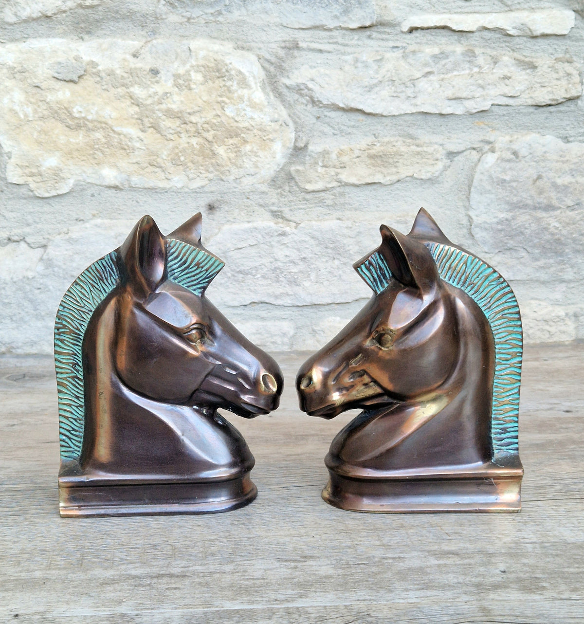 Vintage Brass Horse Head Bookends Mid Century Modern Equine Office Decor Patina Pair