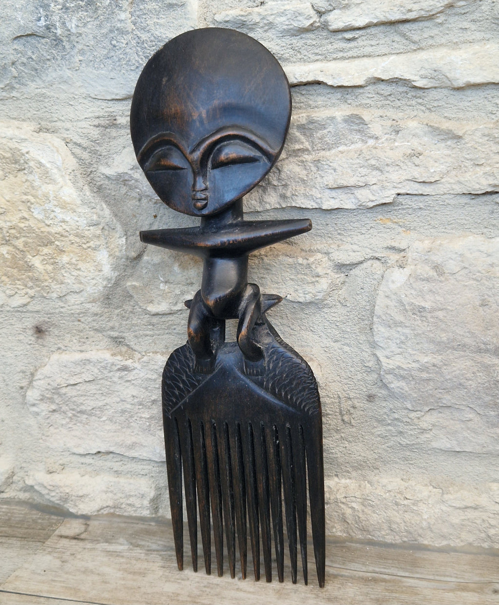 Vintage 31cm Ashanti Wooden Comb Duafe Hand Carved African Tribal Art Ghana Akuaba Doll
