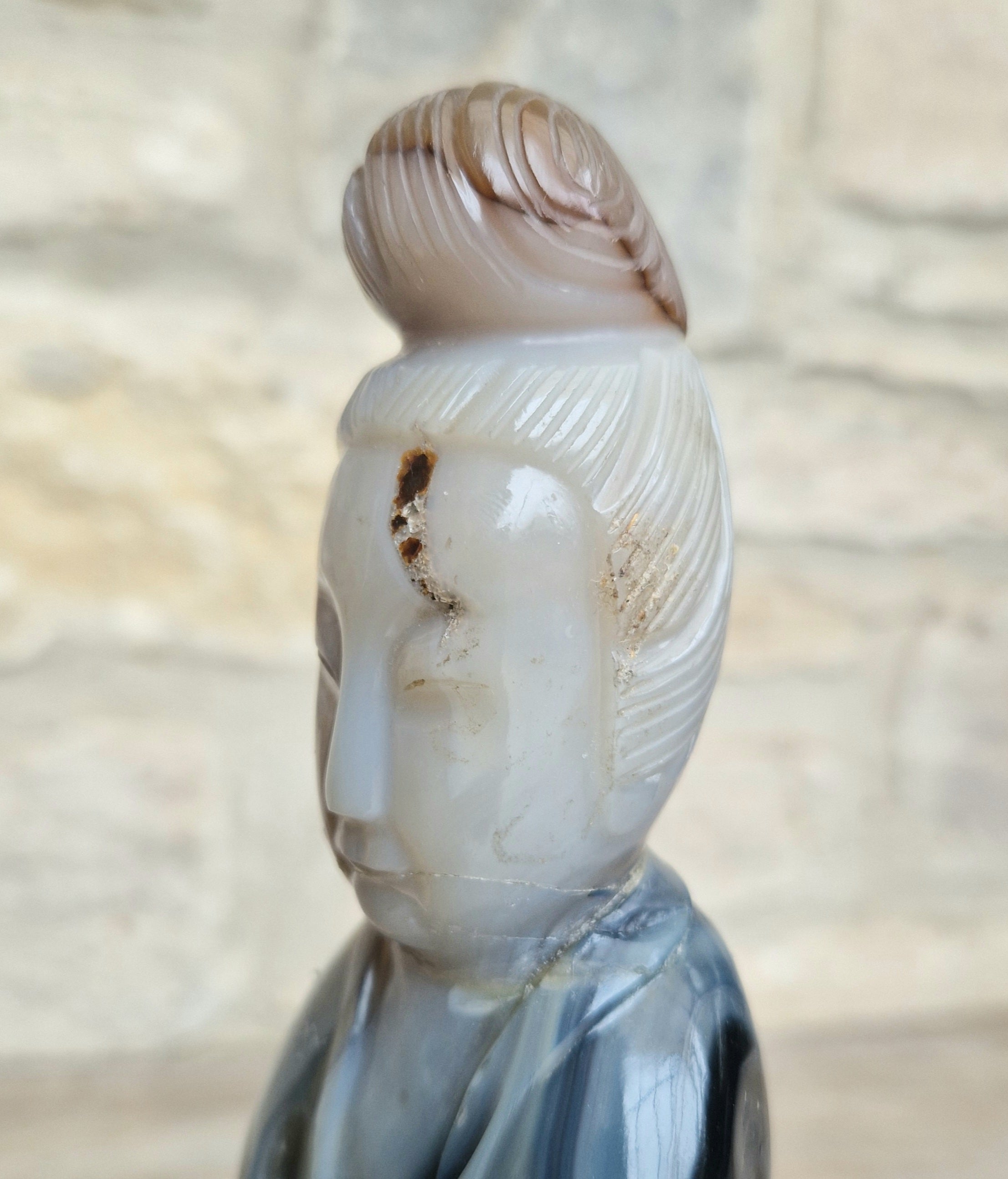 Antique Carved Chinese Agate Figure Kuan Yin Bodhisattva of Compassion *Repair