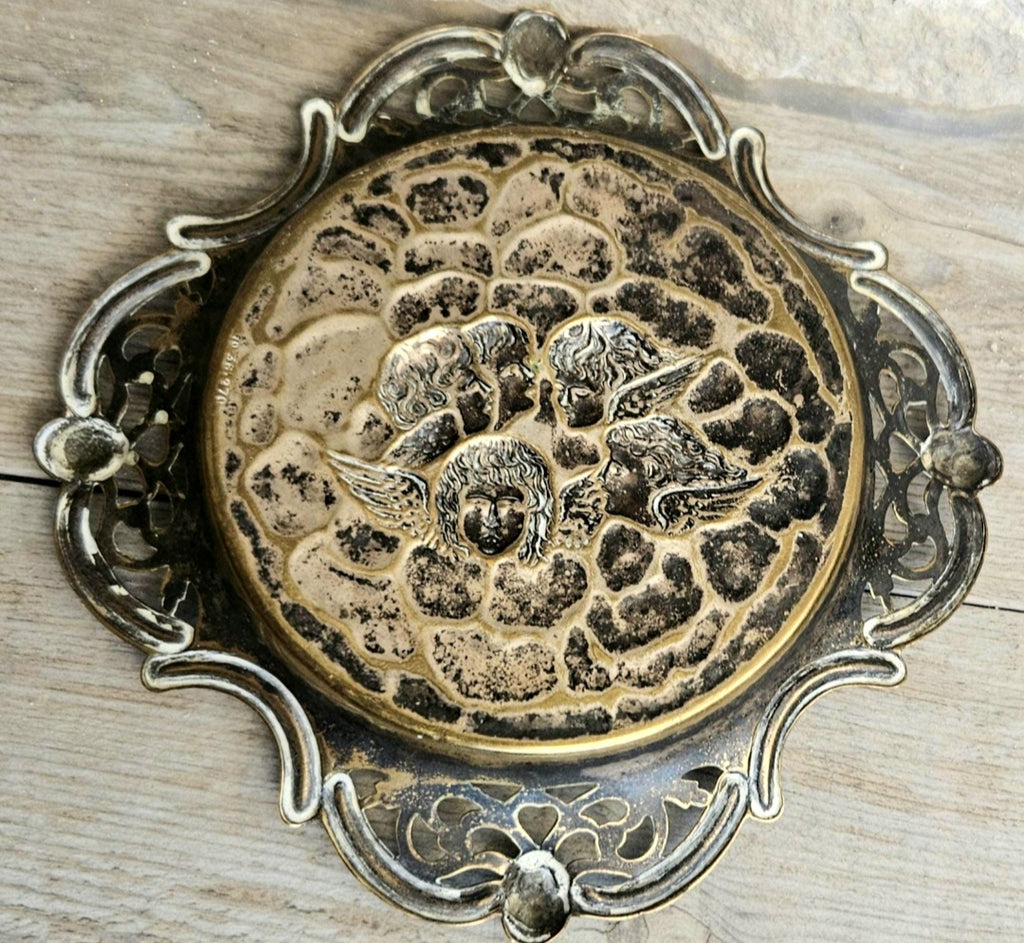 Antique Repoussé Brass Card Tray or Pin Dish "A Child's Angels" (Reynolds Angels) motif 14cm
