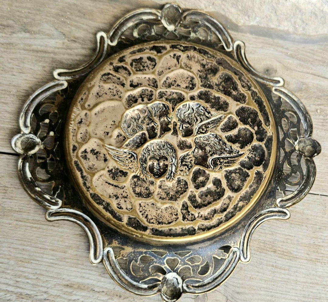 Antique Repoussé Brass Card Tray or Pin Dish "A Child's Angels" (Reynolds Angels) motif 14cm