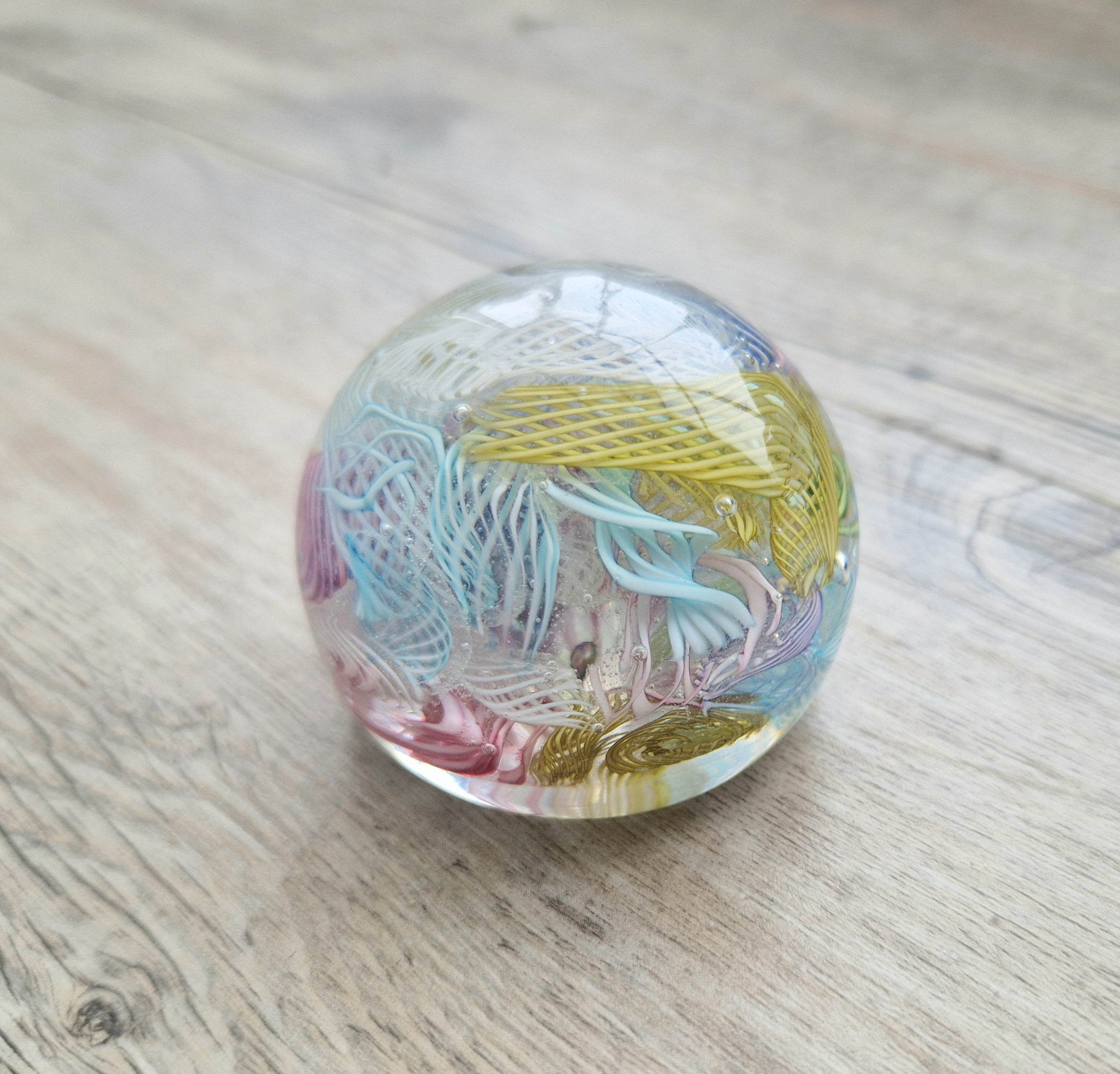 Vintage Murano Art Glass Paperweight with Scrambled Latticino & Zanfirico Canes