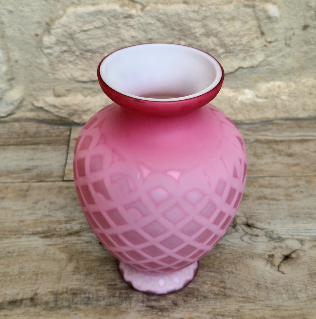 Antique Pink Satin Glass Vase - Victorian Diamond Quilted Mother of Pearl Art Glass - 19th Century Shaded Cranberry Cabinet Vase, Webb Style