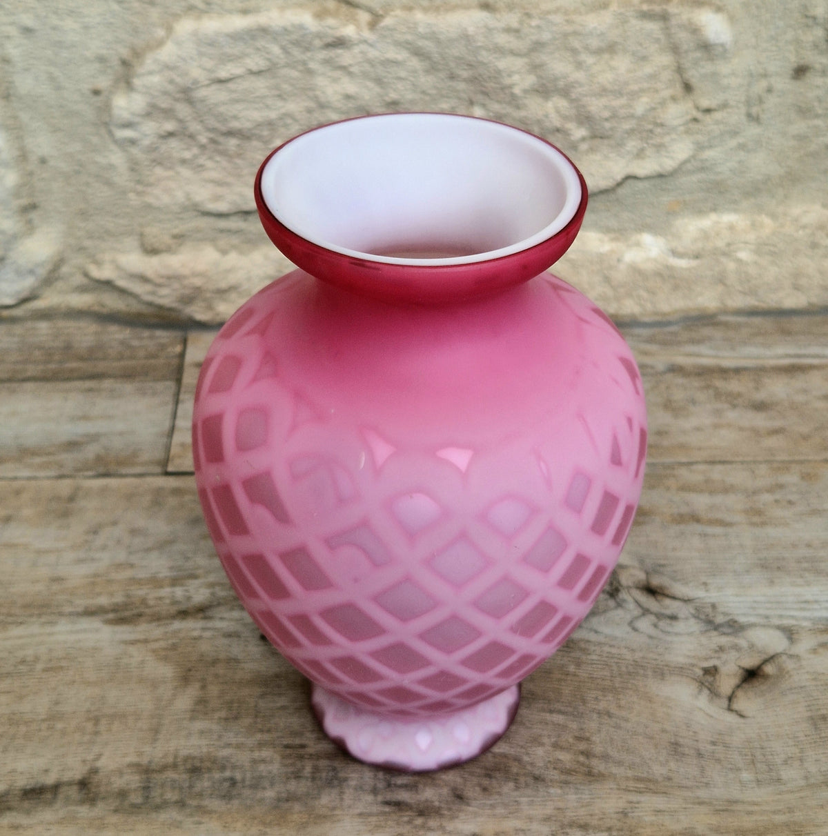 Antique Pink Satin Glass Vase - Victorian Diamond Quilted Mother of Pearl Art Glass - 19th Century Shaded Cranberry Cabinet Vase, Webb Style