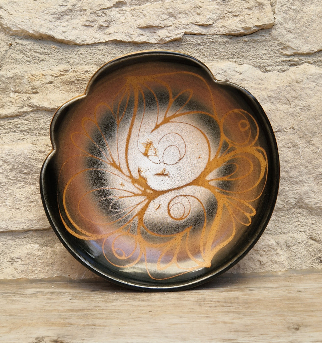 Poole Pottery Aegean "Sweetheart" Fluted Bowl Hand-Painted Stylized Butterfly Motif by Janet Brown Signed 1970s