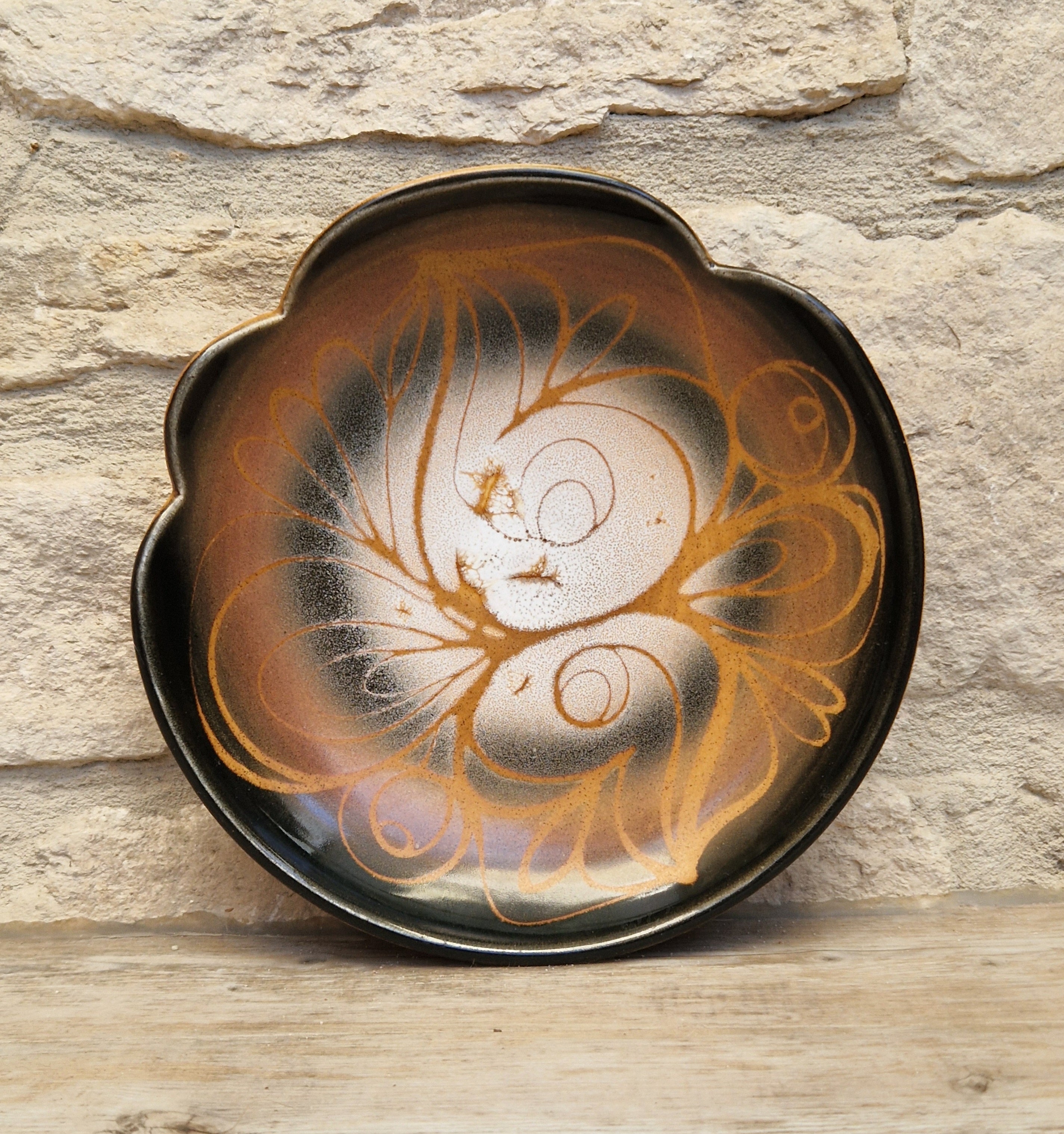 Poole Pottery Aegean "Sweetheart" Fluted Bowl Hand-Painted Stylized Butterfly Motif by Janet Brown Signed 1970s