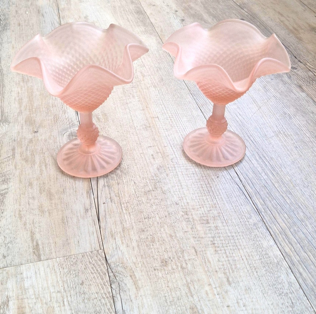 Vintage Pink Satin Glass Hobnail Pedestal Sundae Dessert Glasses Set of 2 Retro Dishes