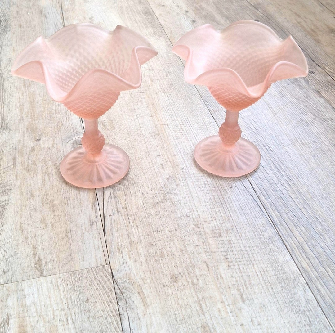Vintage Pink Satin Glass Hobnail Pedestal Sundae Dessert Glasses Set of 2 Retro Dishes