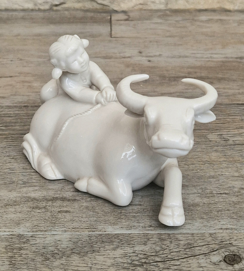 Vintage Chinese Blanc De Chine Porcelain Figurine Girl Riding Water Buffalo Ox Ceramic Home Ornament