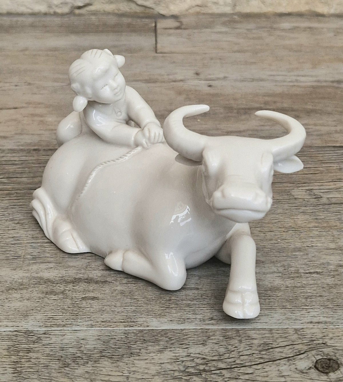 Vintage Chinese Blanc De Chine Porcelain Figurine Girl Riding Water Buffalo Ox Ceramic Home Ornament