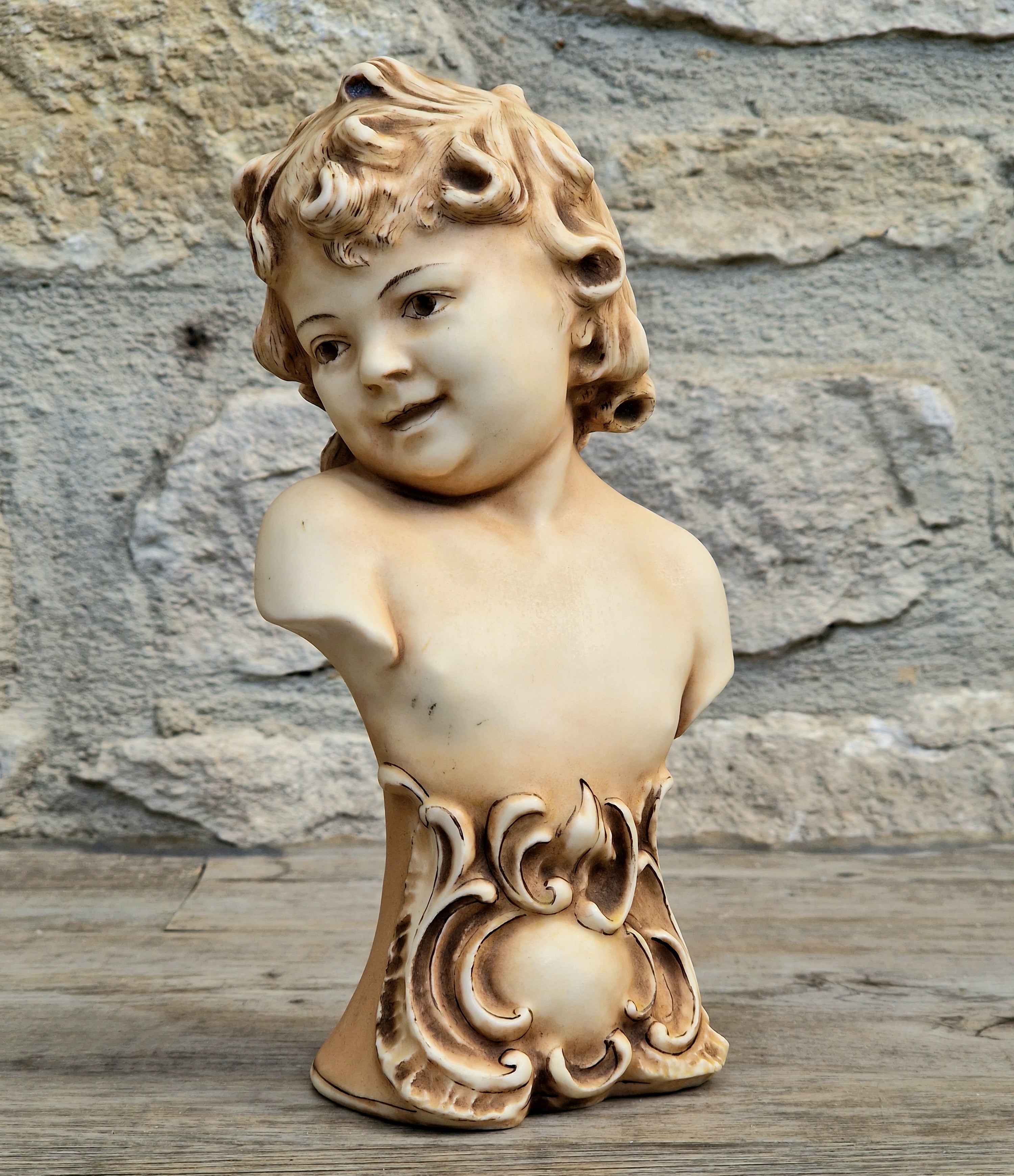 Antique NeoClassical Continental Patinated Bisque Porcelain Putti Child Bust Figure Ornament