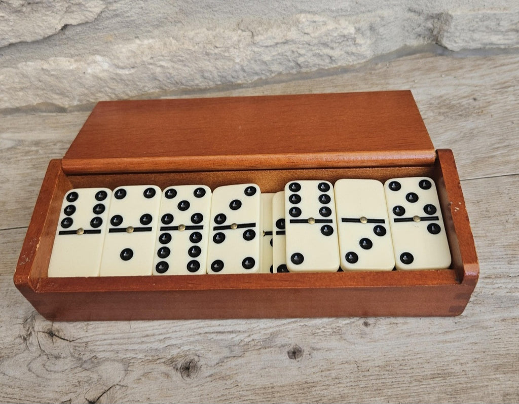 Vintage White Dominoes Set in Wooden Box Rustic Classic Game Gift