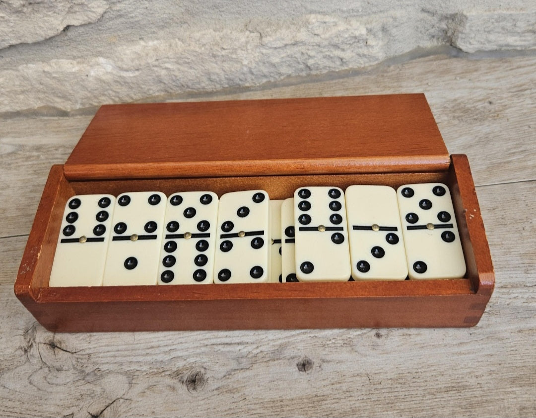 Vintage White Dominoes Set in Wooden Box Rustic Classic Game Gift