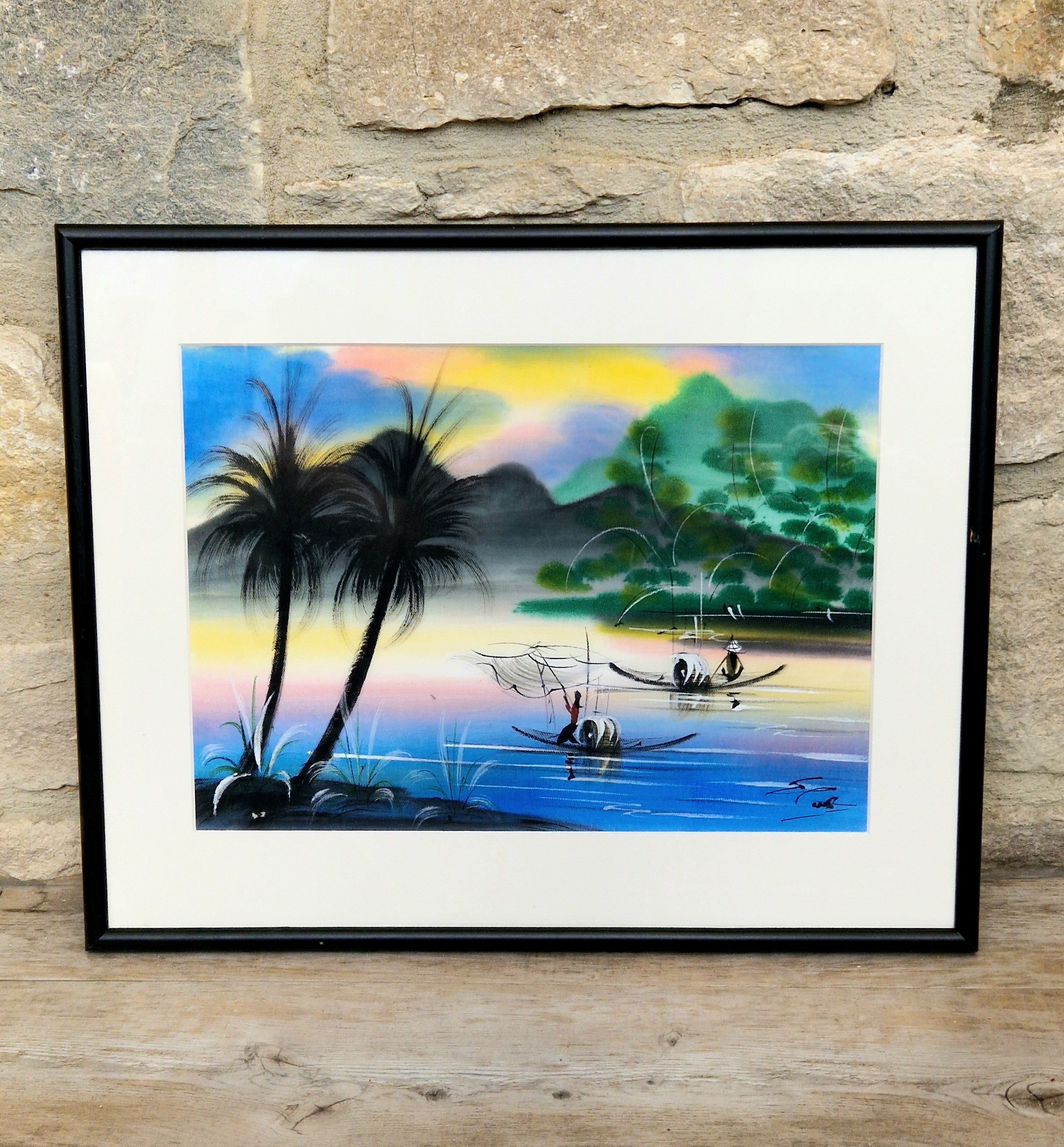 Vintage Silk Painting Framed River Landscape Vietnamese Traditional Asian Framed Wall Decor.