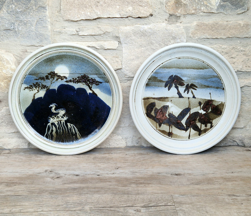 Ian Pirie Studio Pottery Diptych Wall Plaques Night & Day Vintage Scottish Ceramic Landscape Chargers