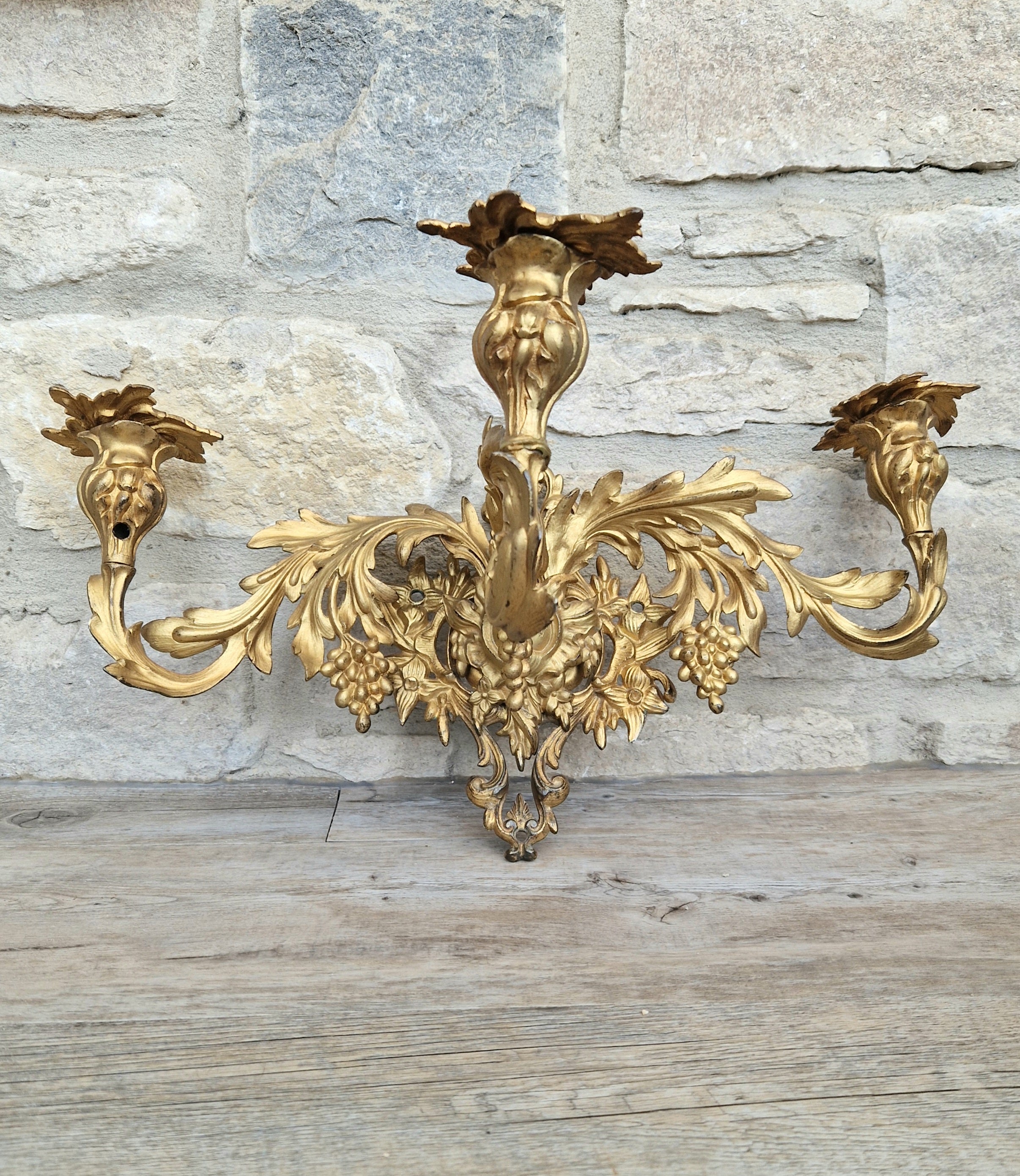 A Single French Louis XV Style Gilt Bronze 3 Branch Applique Sconce c.1900
